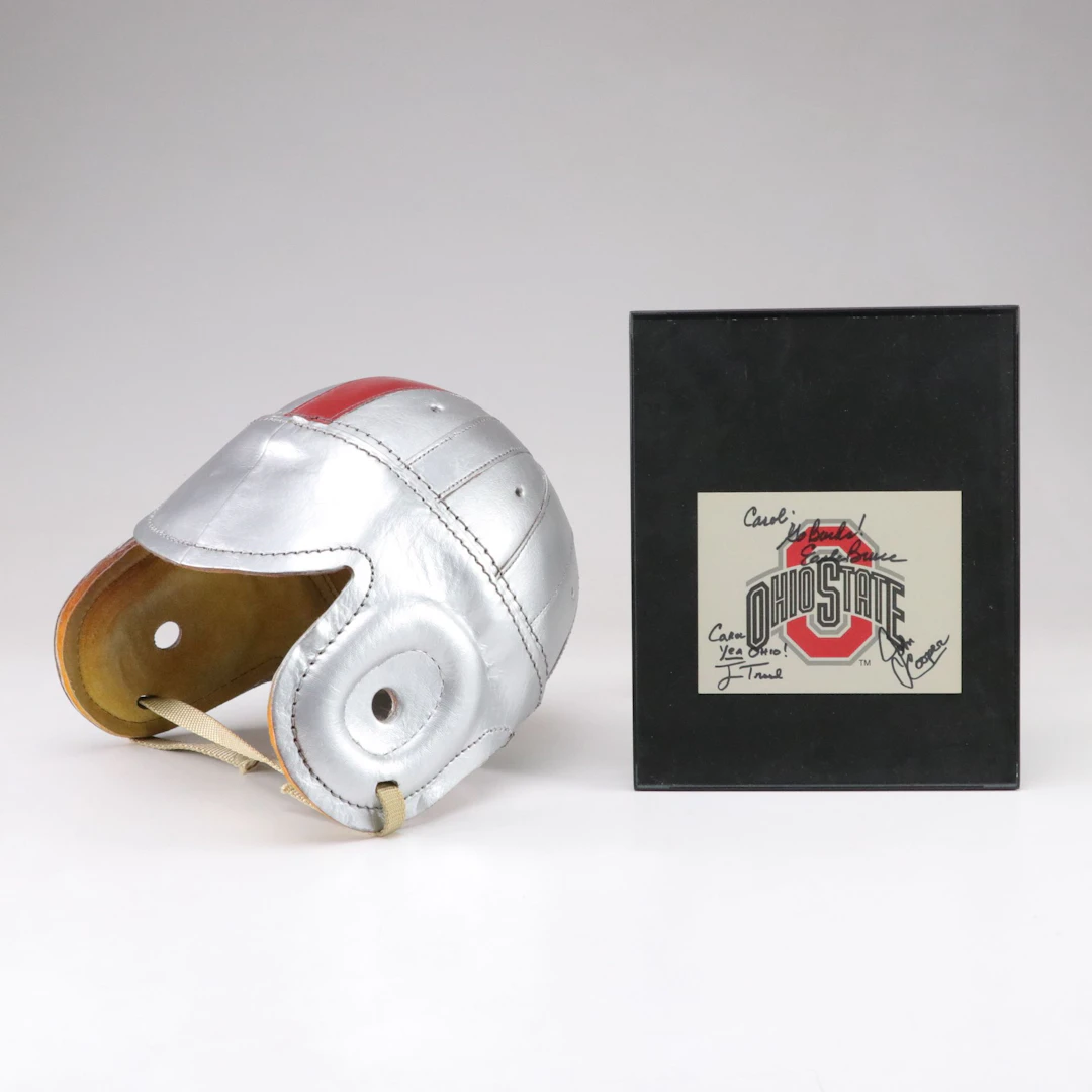 Signed Framed Paper by The Ohio State Buckeyes with Leather Football Helmet