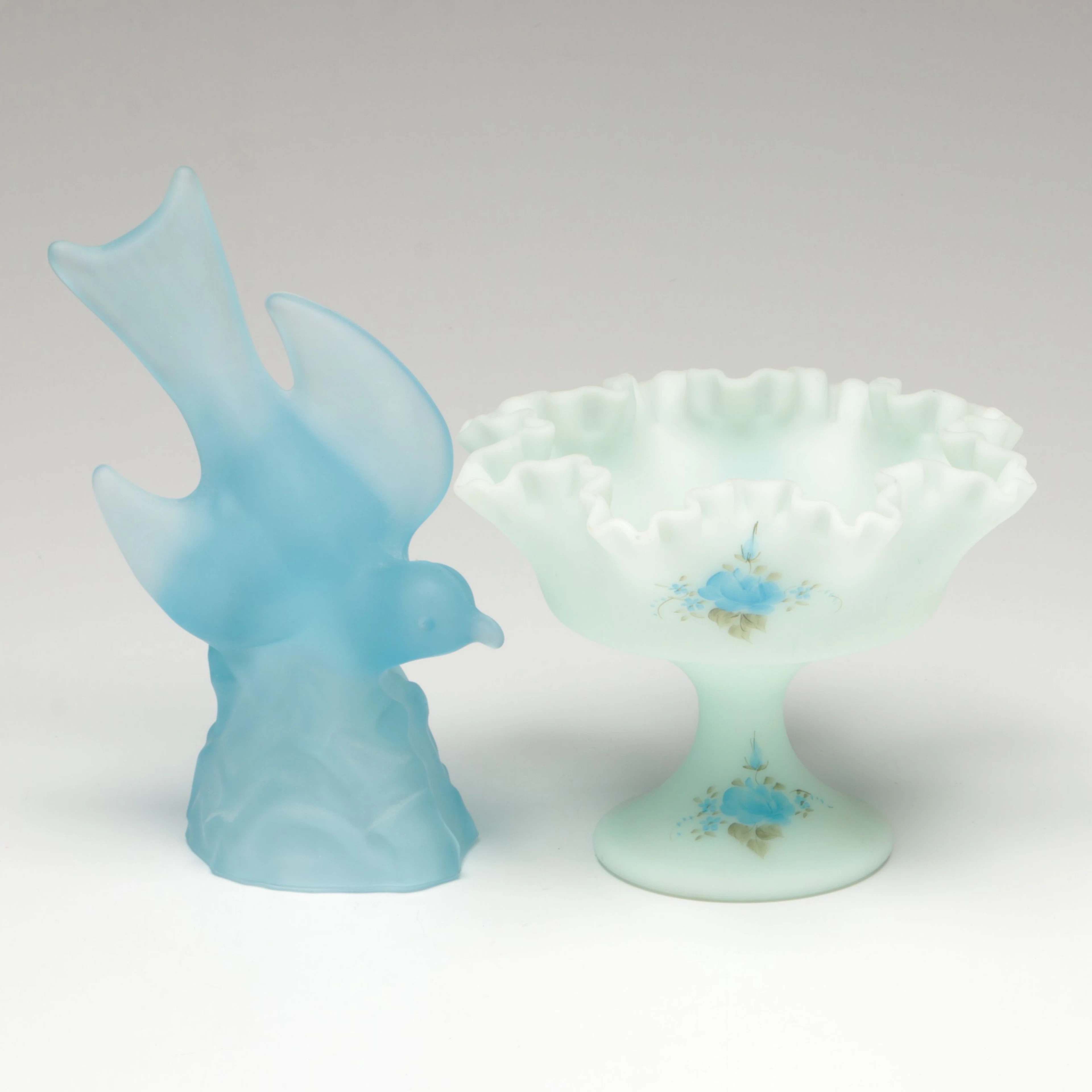 Fenton Blue Floral Hand-Painted Ruffled Glass Bowl with L. E. Smith Bird Figure