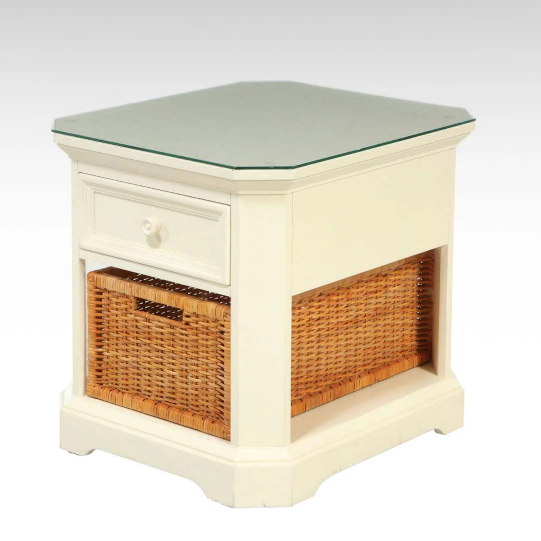 Broyhill White Painted Wood Glass-Top Nightstand with Wicker Basket