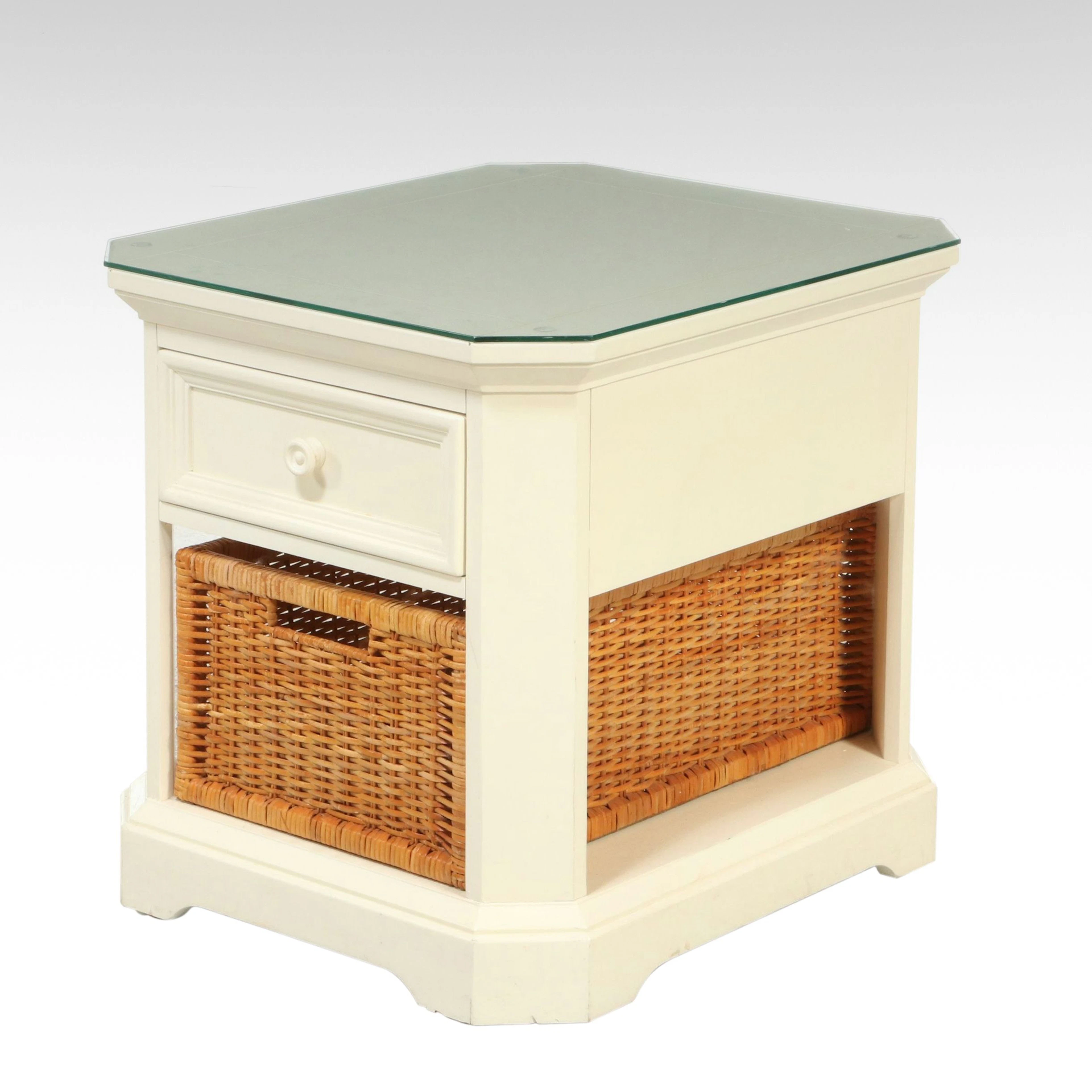 Broyhill White Painted Wood Glass-Top Nightstand with Wicker Basket