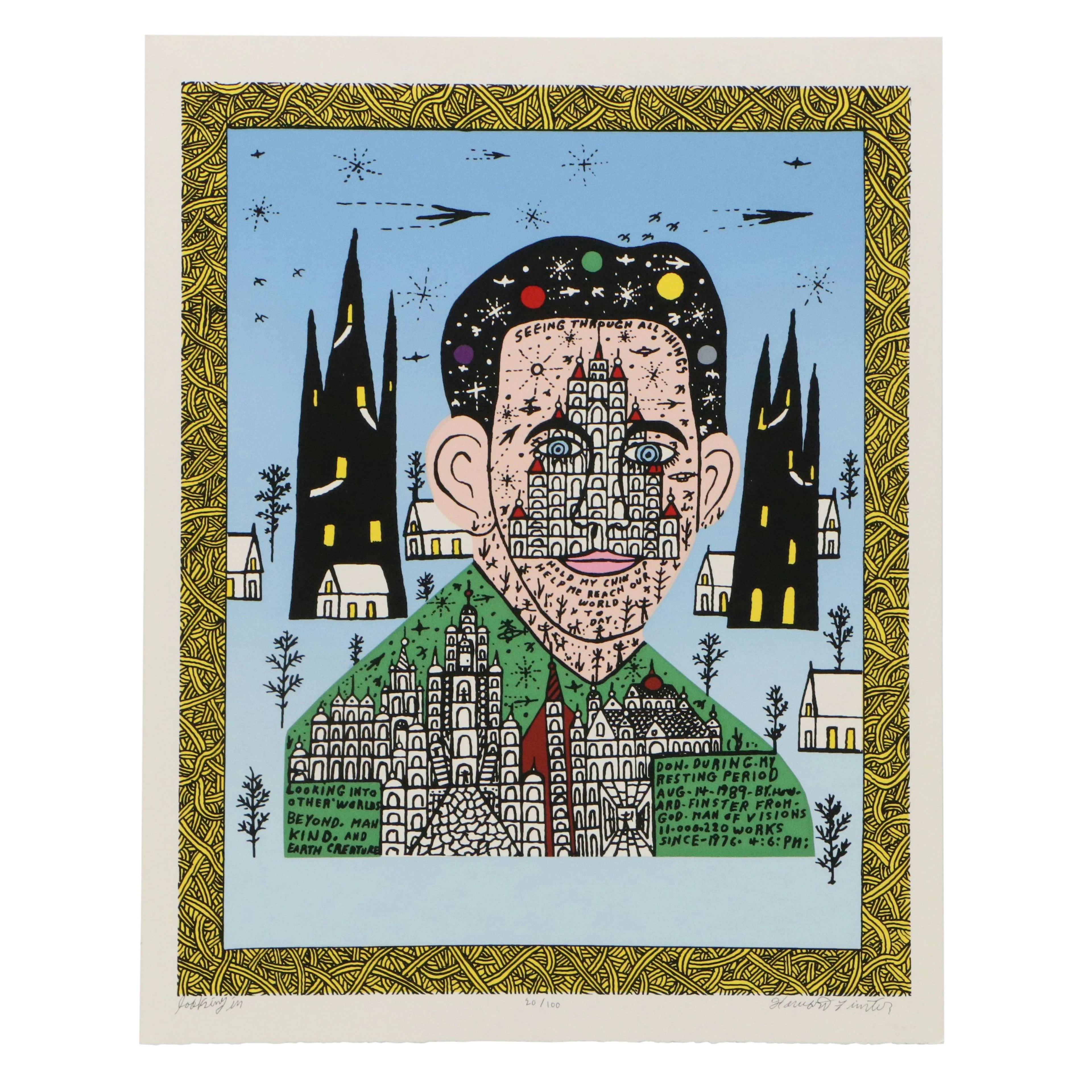 Howard Finster Outsider Art Serigraph "Looking In," 1989