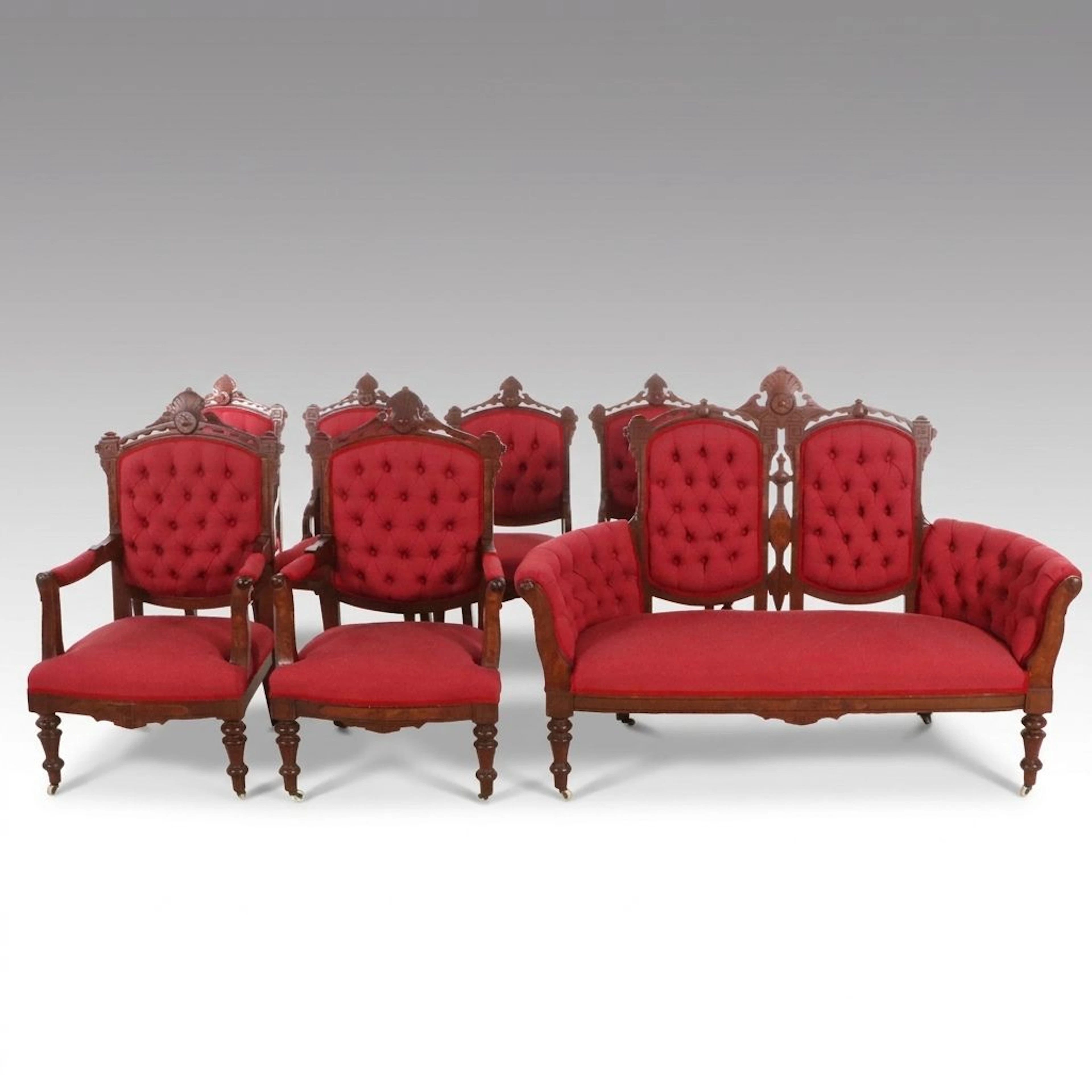 Antique Eastlake Parlor Set Including Settee, Armchair and Side Chairs