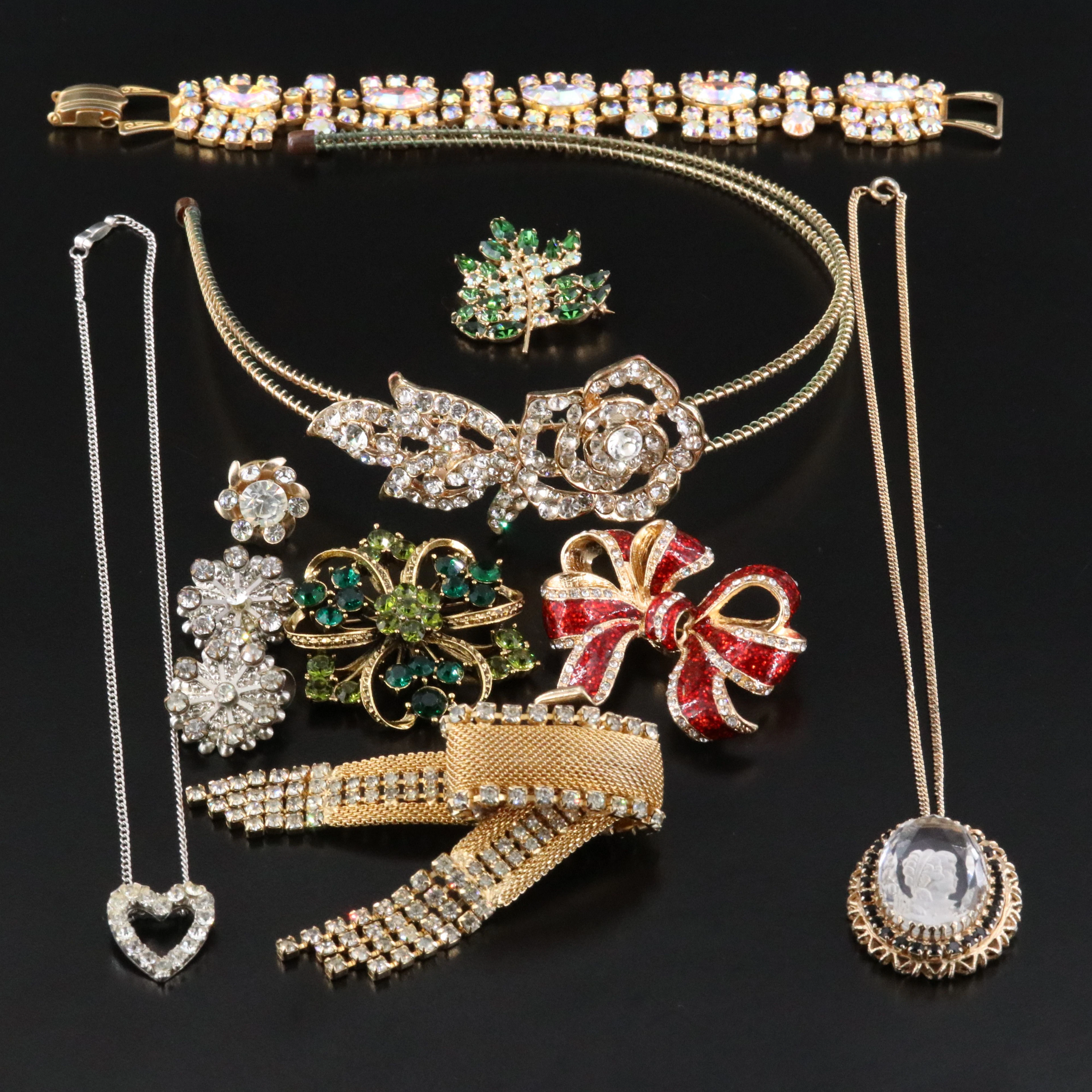 Reverse Carved Cameo, Bows and Rhinestones Featured in Jewelry