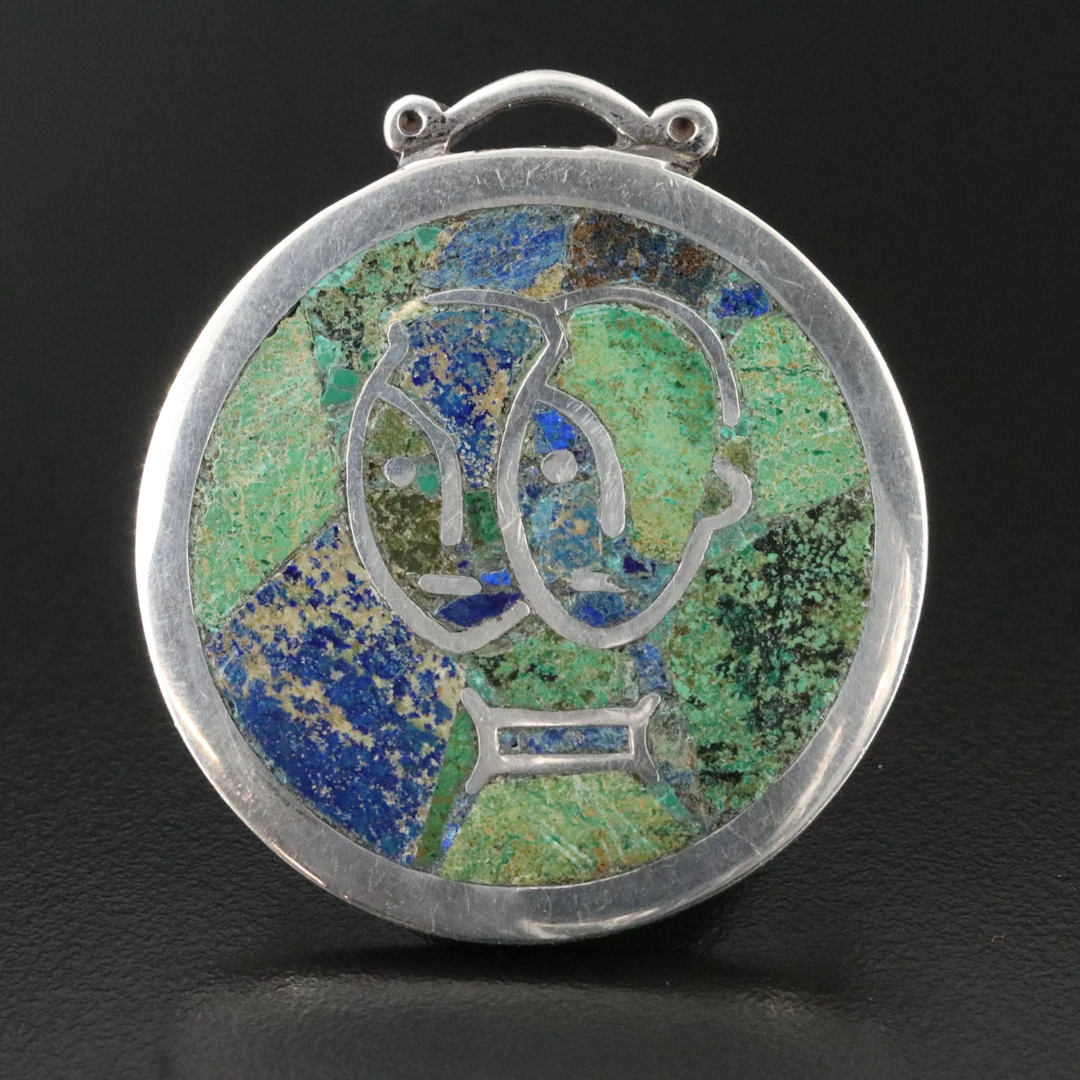 Los Castillo Sterling Chip Stone Aztec Mosaic Gemini Brooch