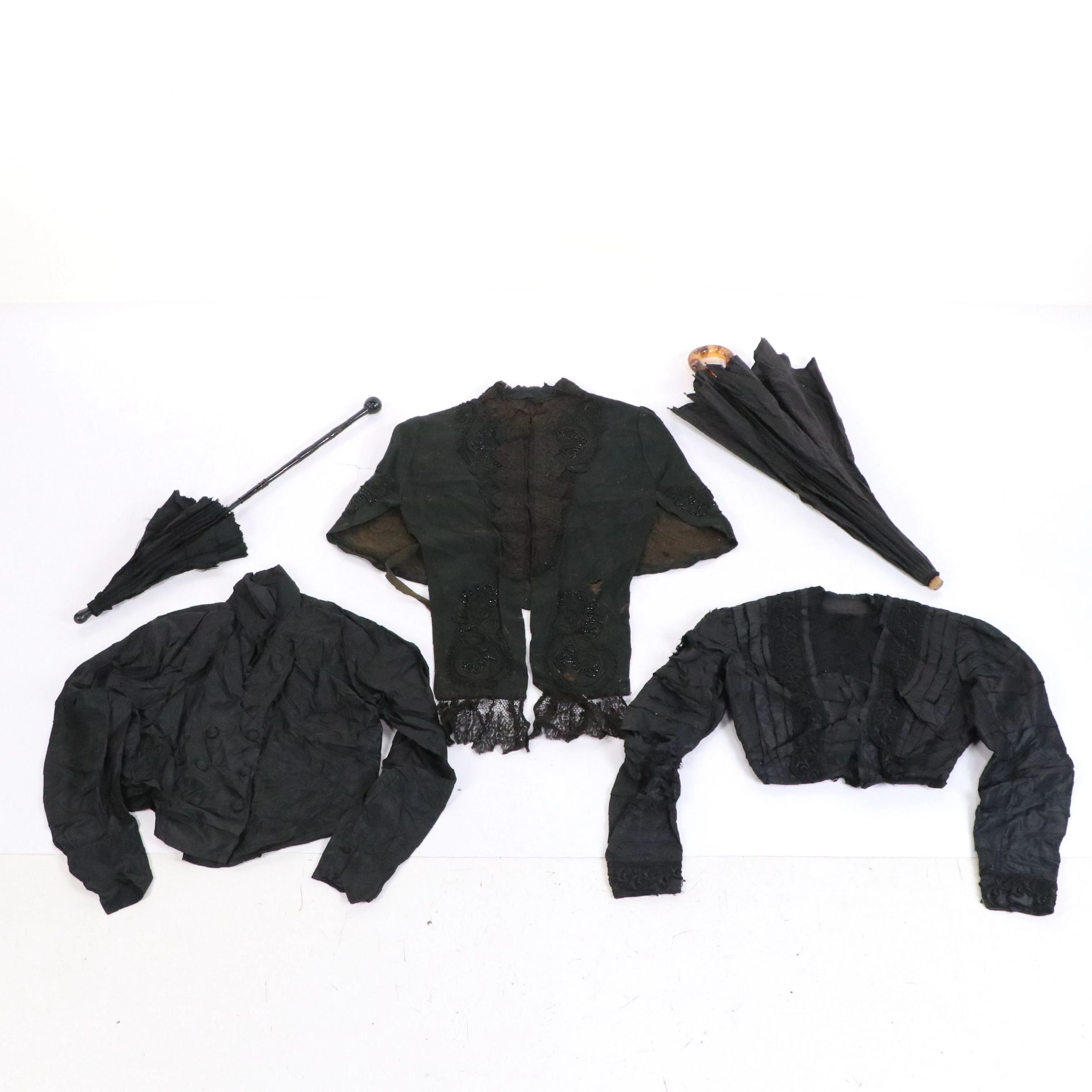 Late Victorian Era Mourning Bodices, Capelet, and Parasol