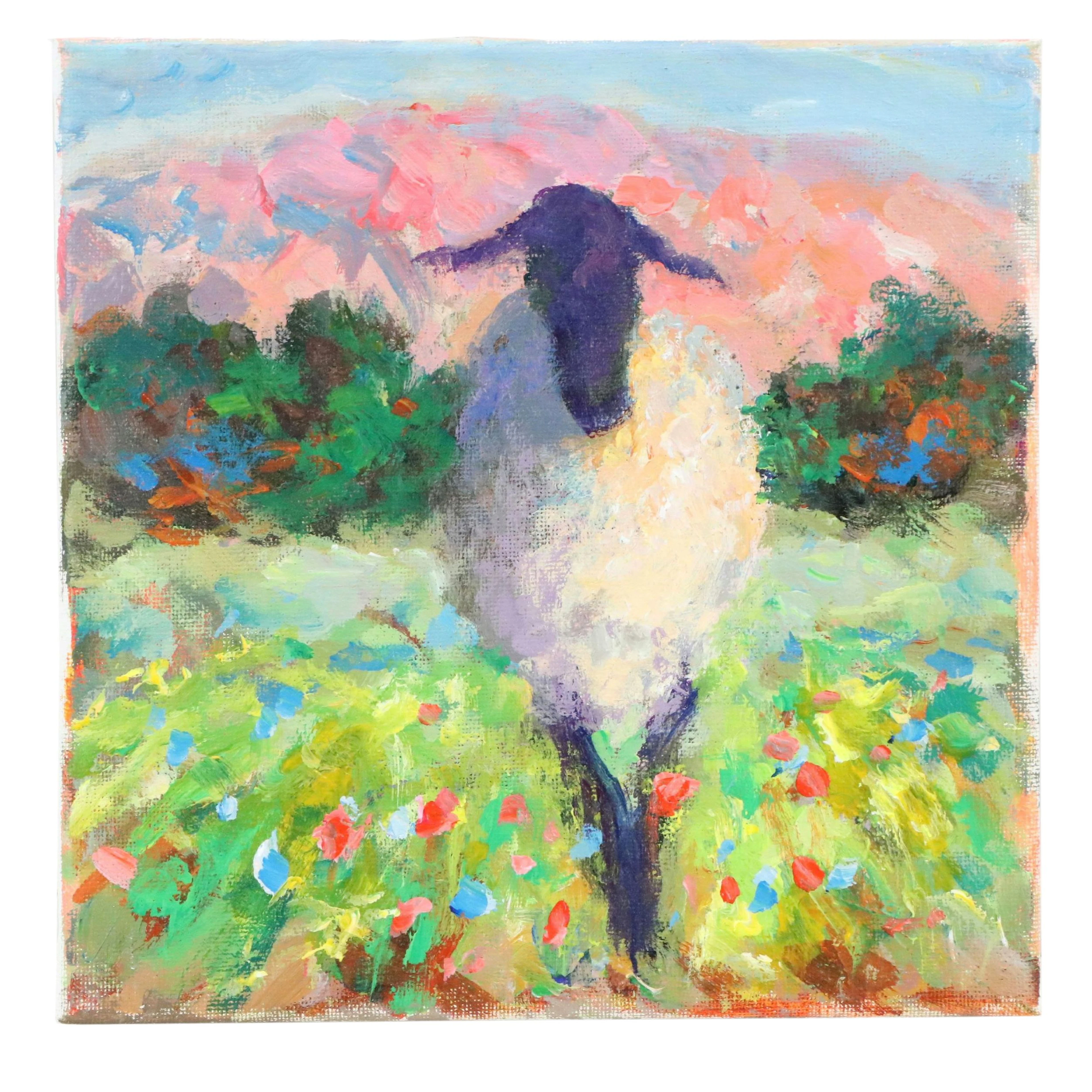 Elle Raines Acrylic Painting of Sheep in Flowering Meadow