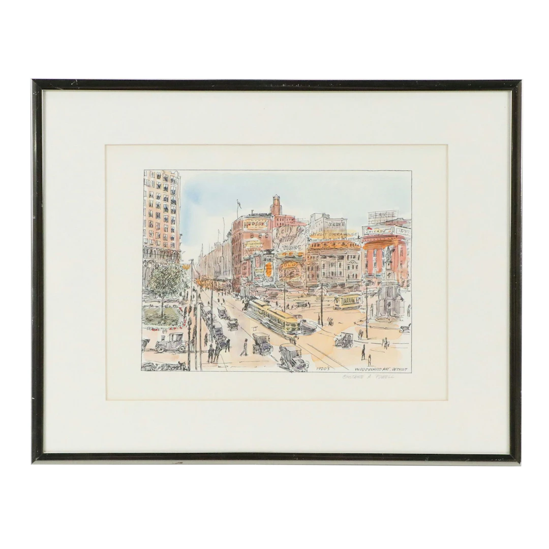 Constance A. Powell Hand-Colored Lithograph "Woodward Ave, Detroit"
