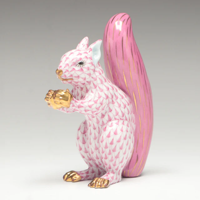 Herend Raspberry Fishnet with Gold “Squirrel” Porcelain Figurine
