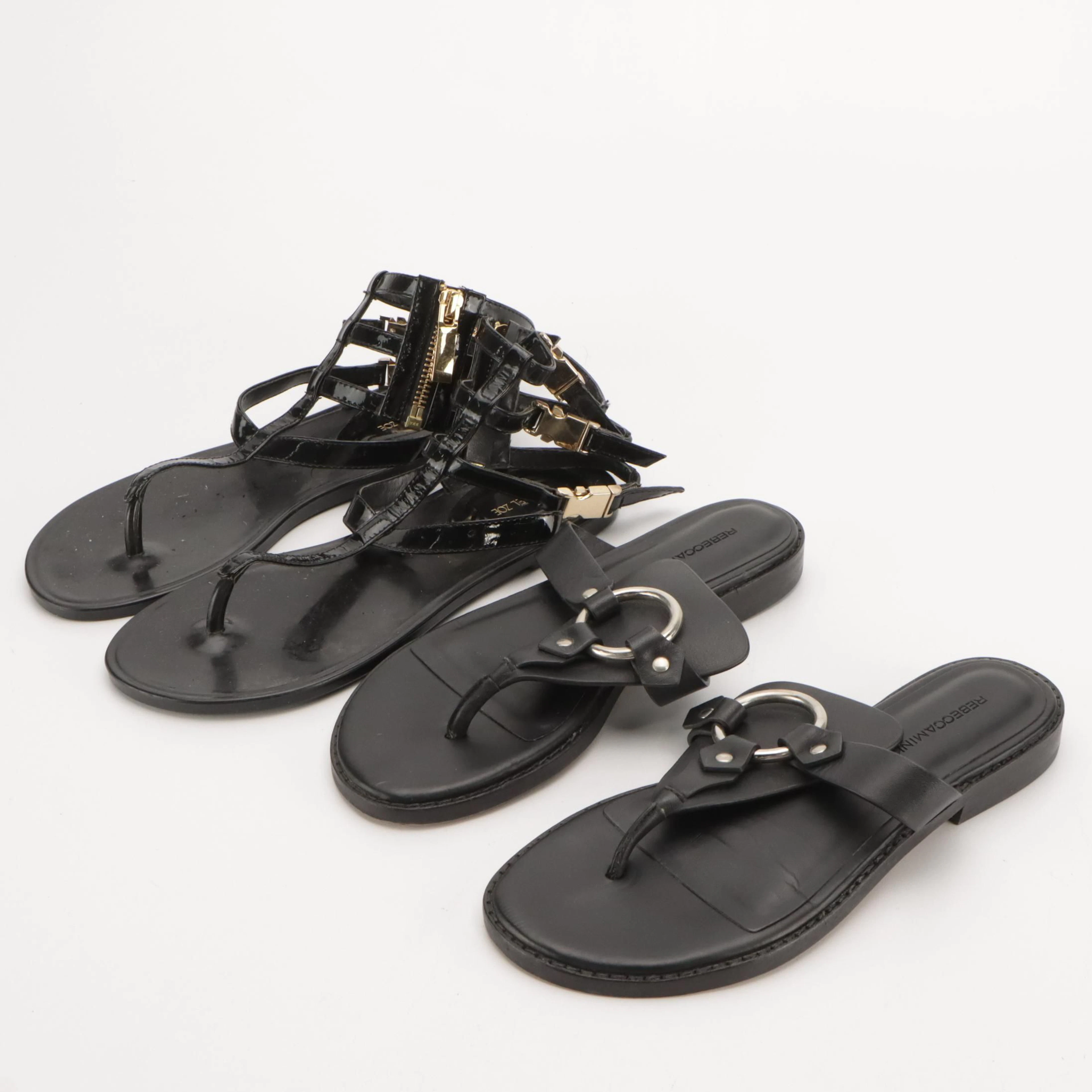 Rebecca Minkoff and Rachel Zoe Black Leather Thong-Strap Sandals