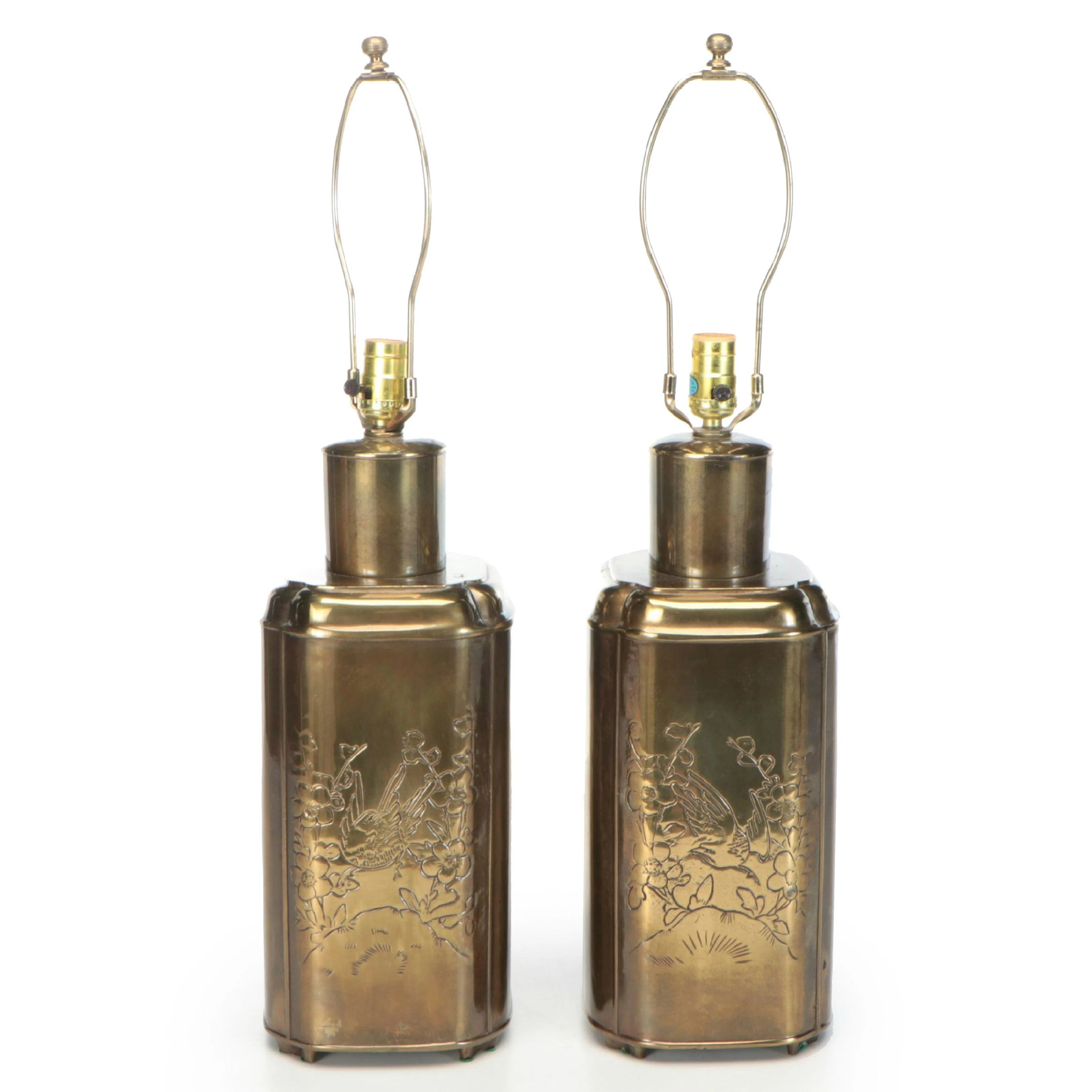 Chinese Chased Brass Tea Canister Table Lamps, Mid to Late 20th Century