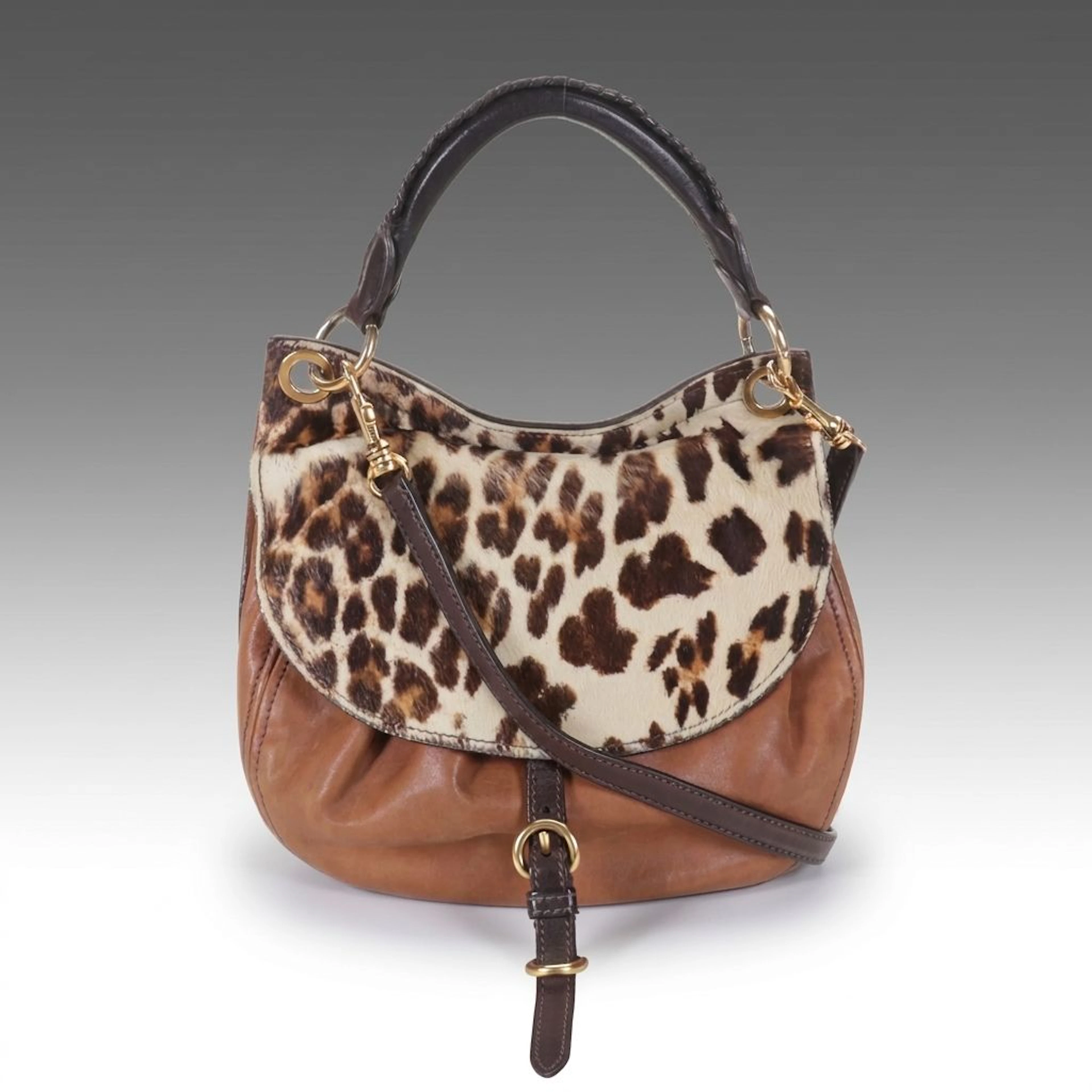 Miu Miu Leopard Print Calf Hair Flap Bag in Brown Leather