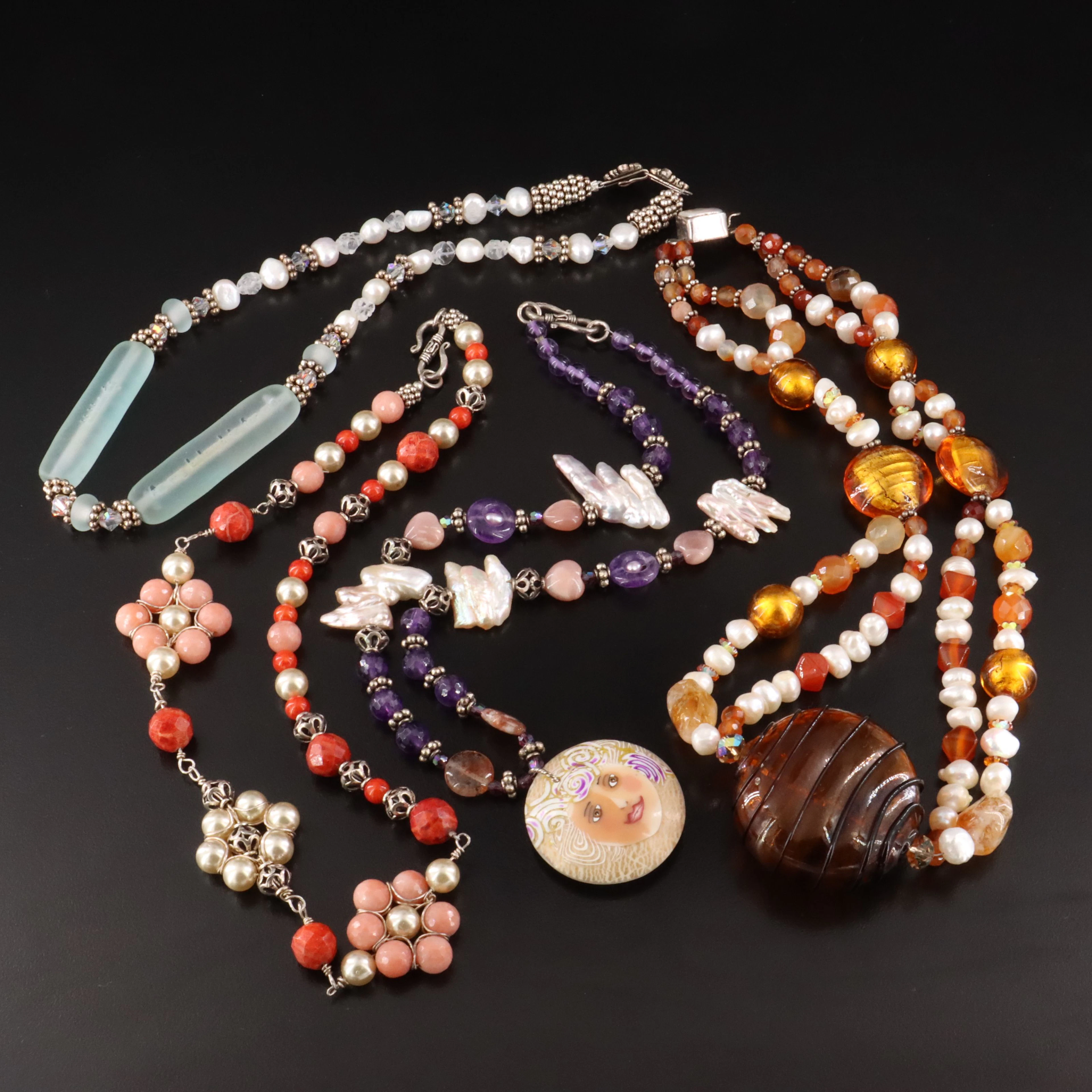 Sterling Bead Necklaces Including Pearl, Amethyst & Glass