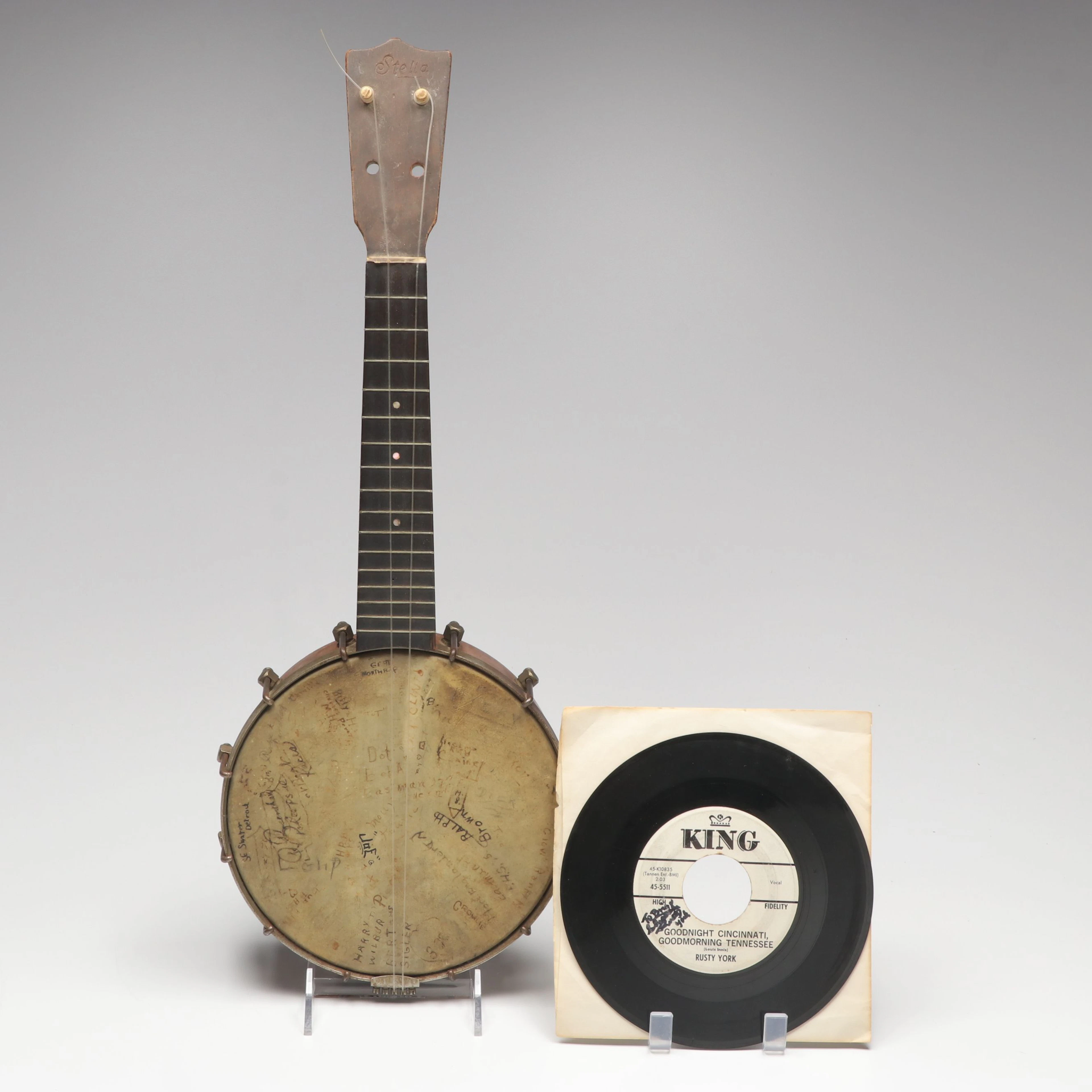 Vintage Stella Banjo-Ukulele & Rusty York 45rpm Record