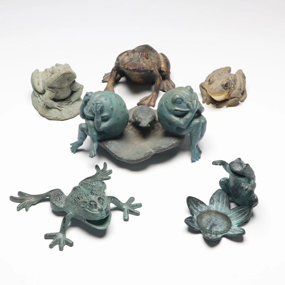 Rustic Frog Figures with Patinated Metal and Other Shelf Sitter Frogs