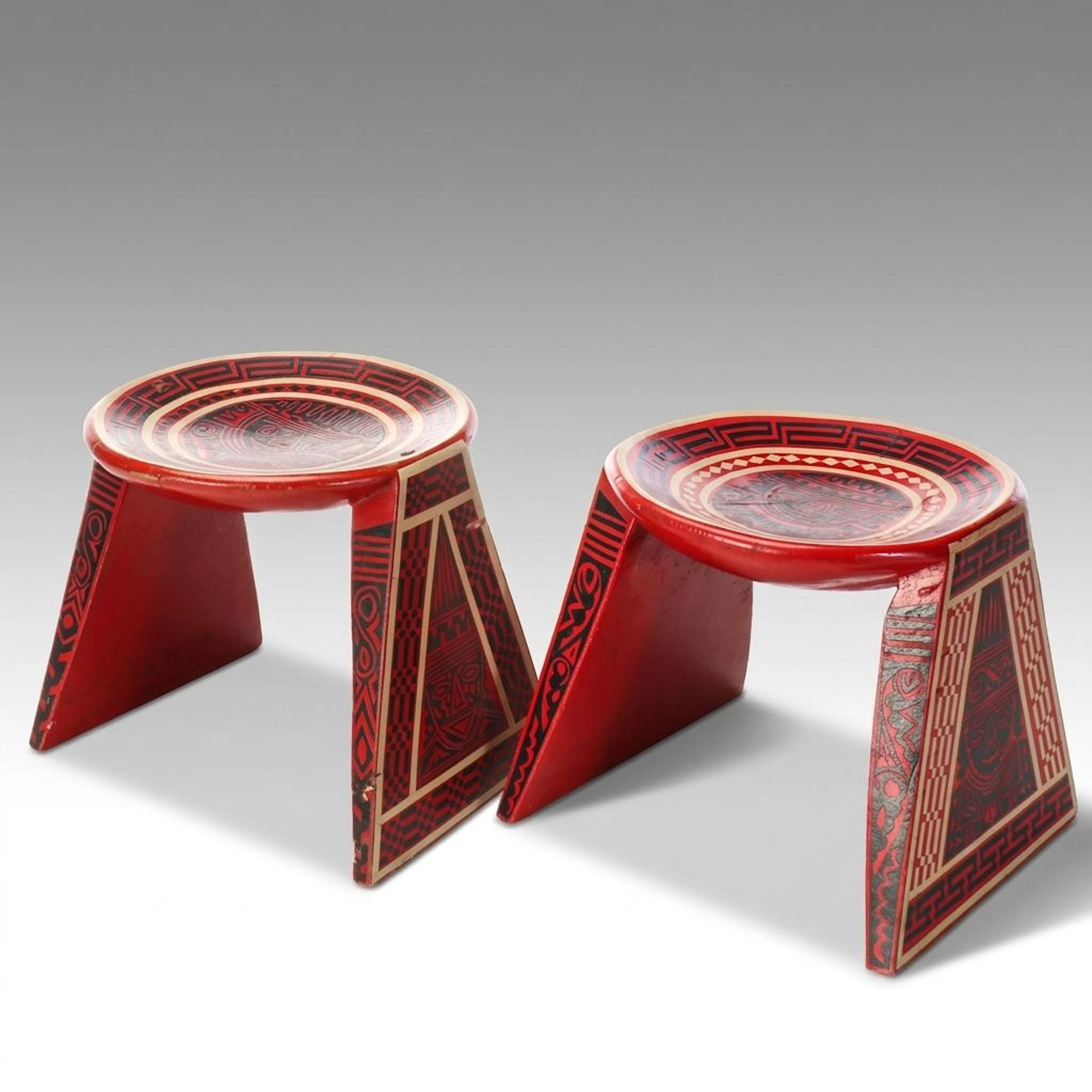 Pair of Peruvian Painted Wooden Stools, 20th Century