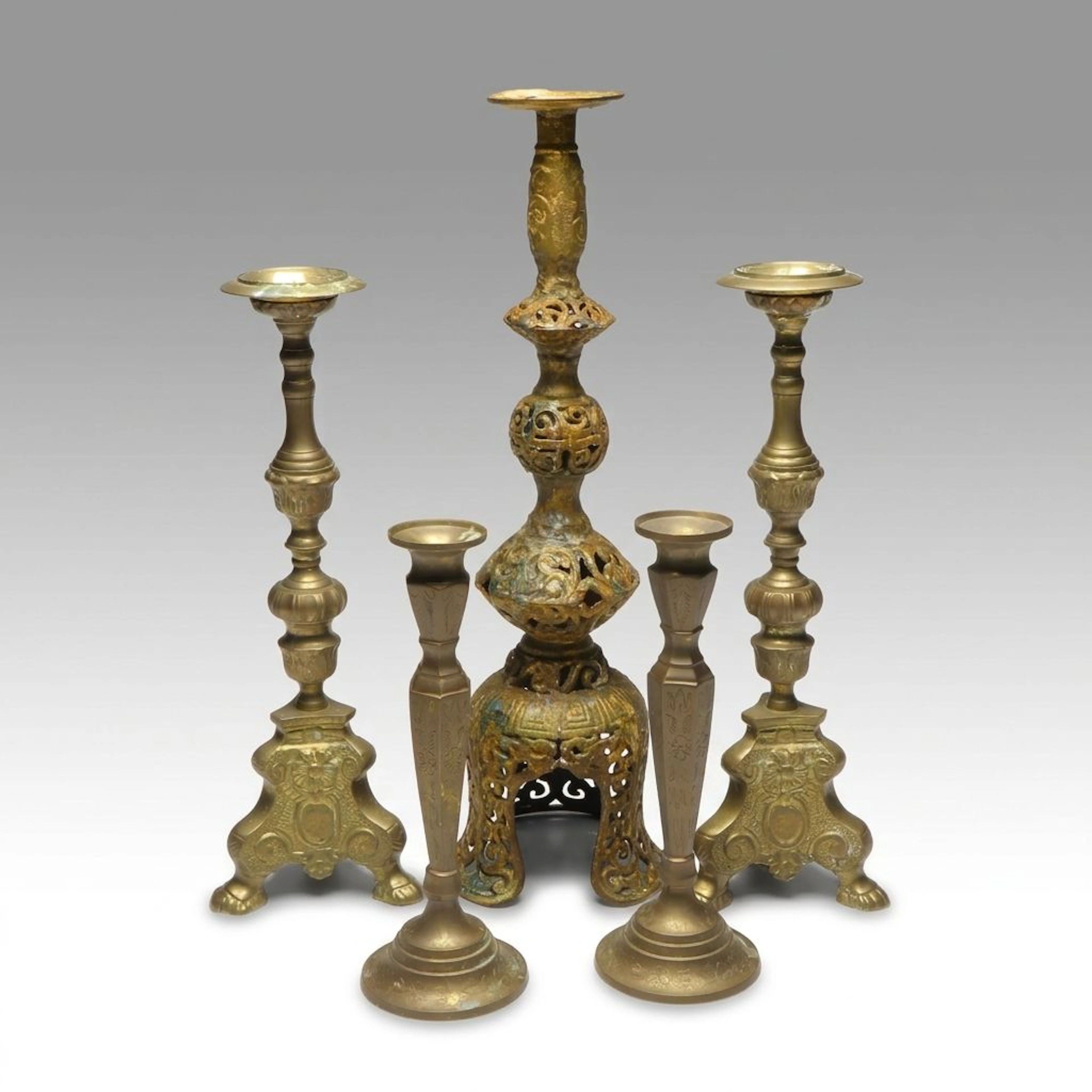Etched and Pierced Brass Candlesticks and Prickets