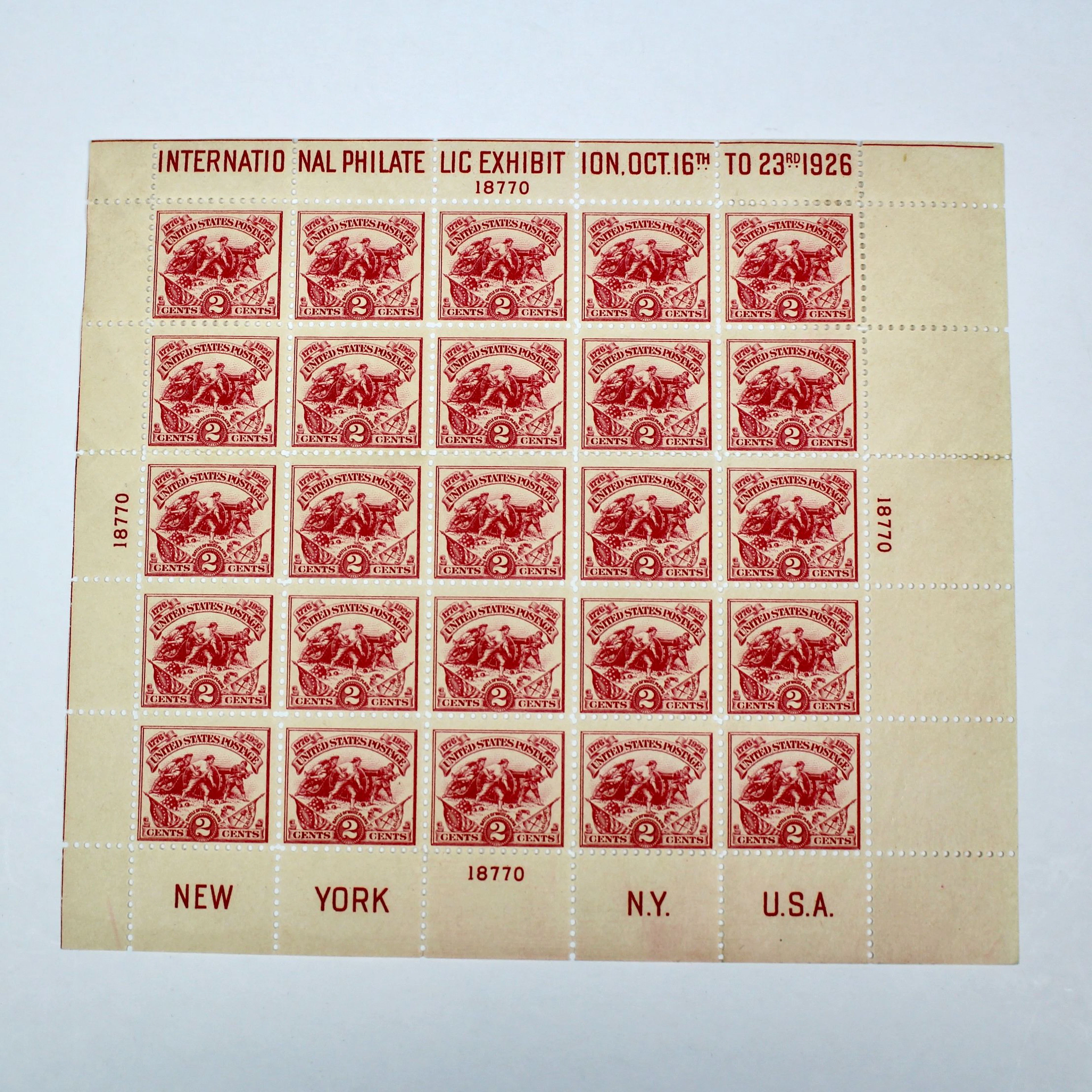 1926 White Plains Souvenir Stamp Sheet, Scott 630, MNH