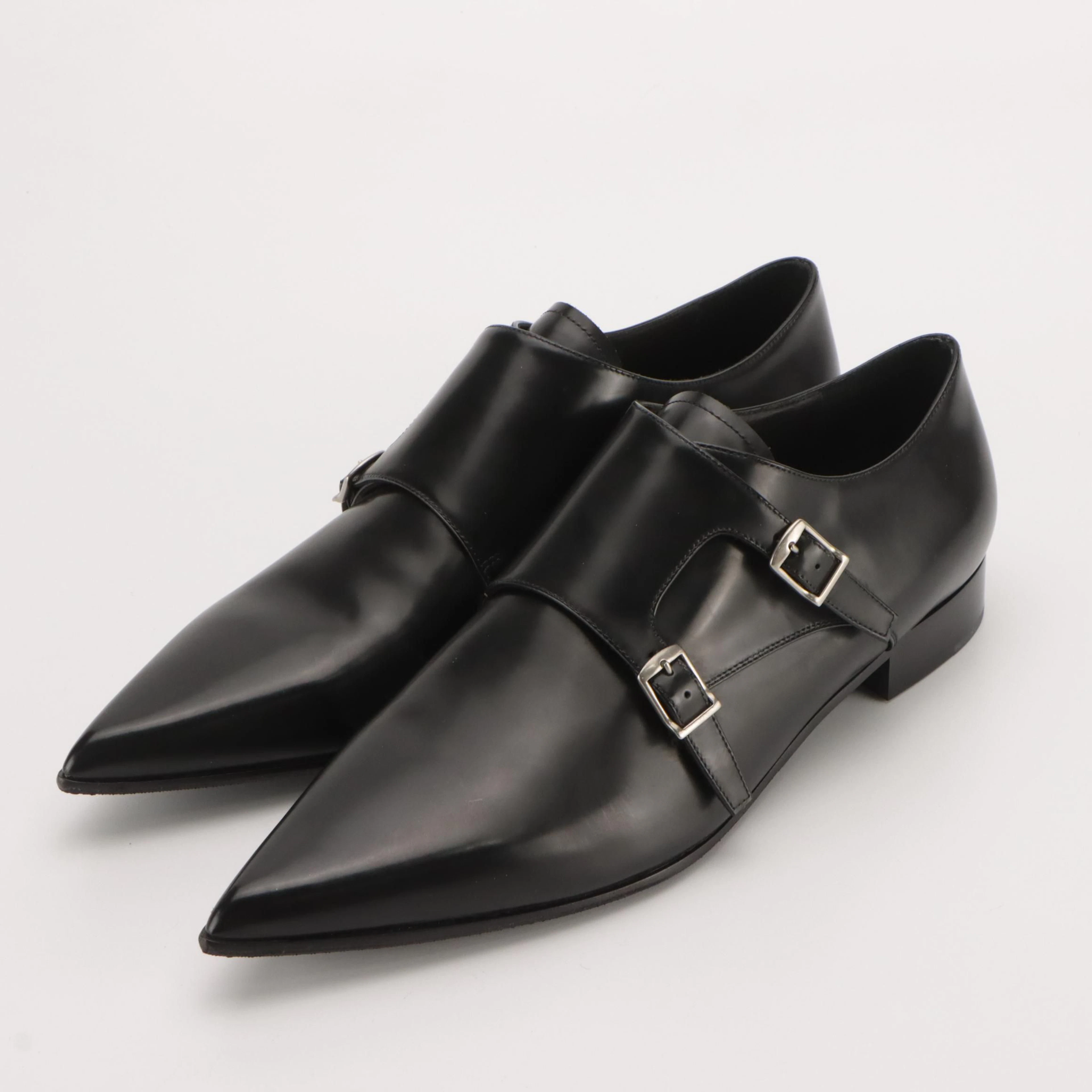 Christian Dior Black Brushed Calfskin Leather Pointed Toe Swing Monk Shoes