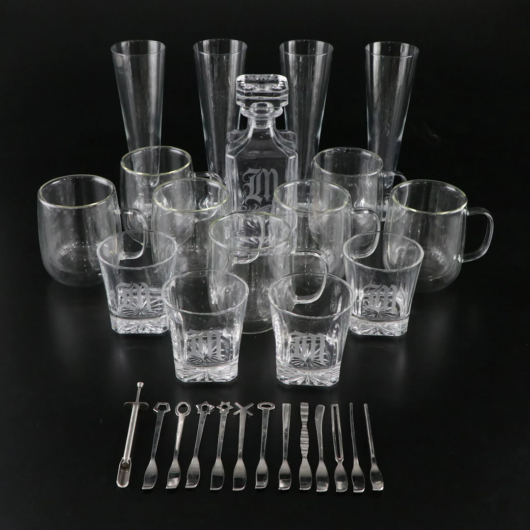 Glass Whisky Decanter, Glasses, Olive Stuffer, Sambonet Party Items, & More
