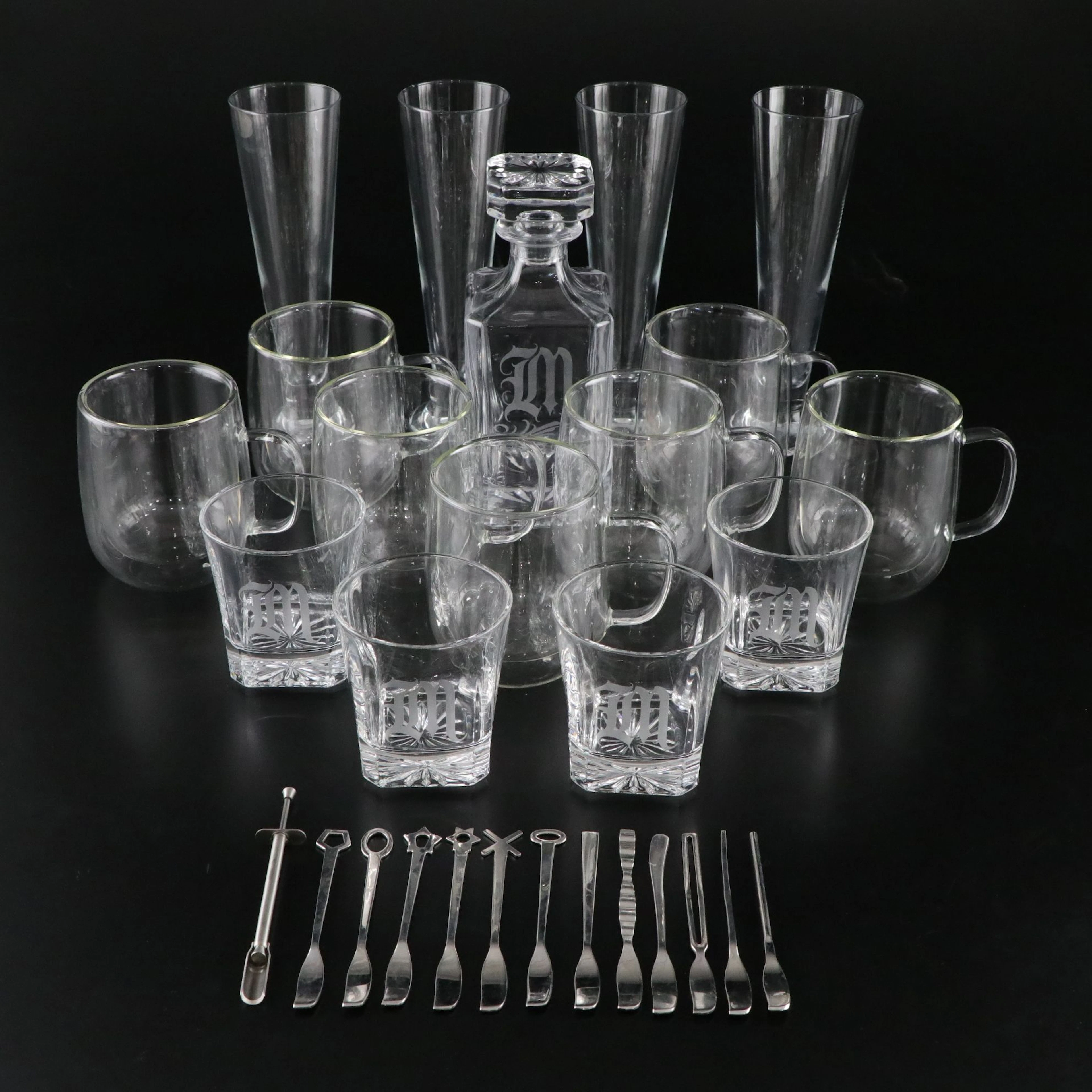 Glass Whisky Decanter, Glasses, Olive Stuffer, Sambonet Party Items, & More
