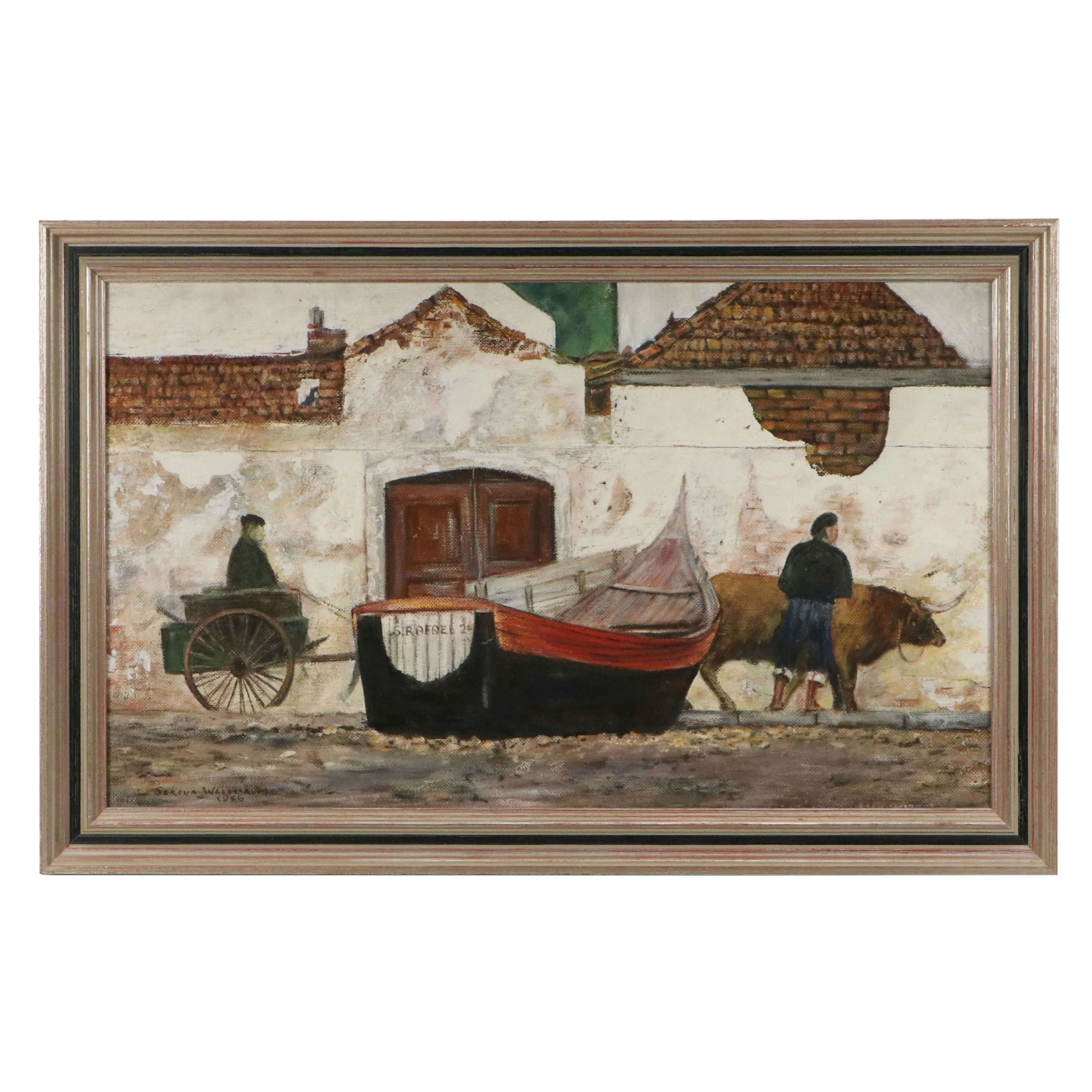 Street Scene Oil Painting of Ox-Drawn Cart, 1966