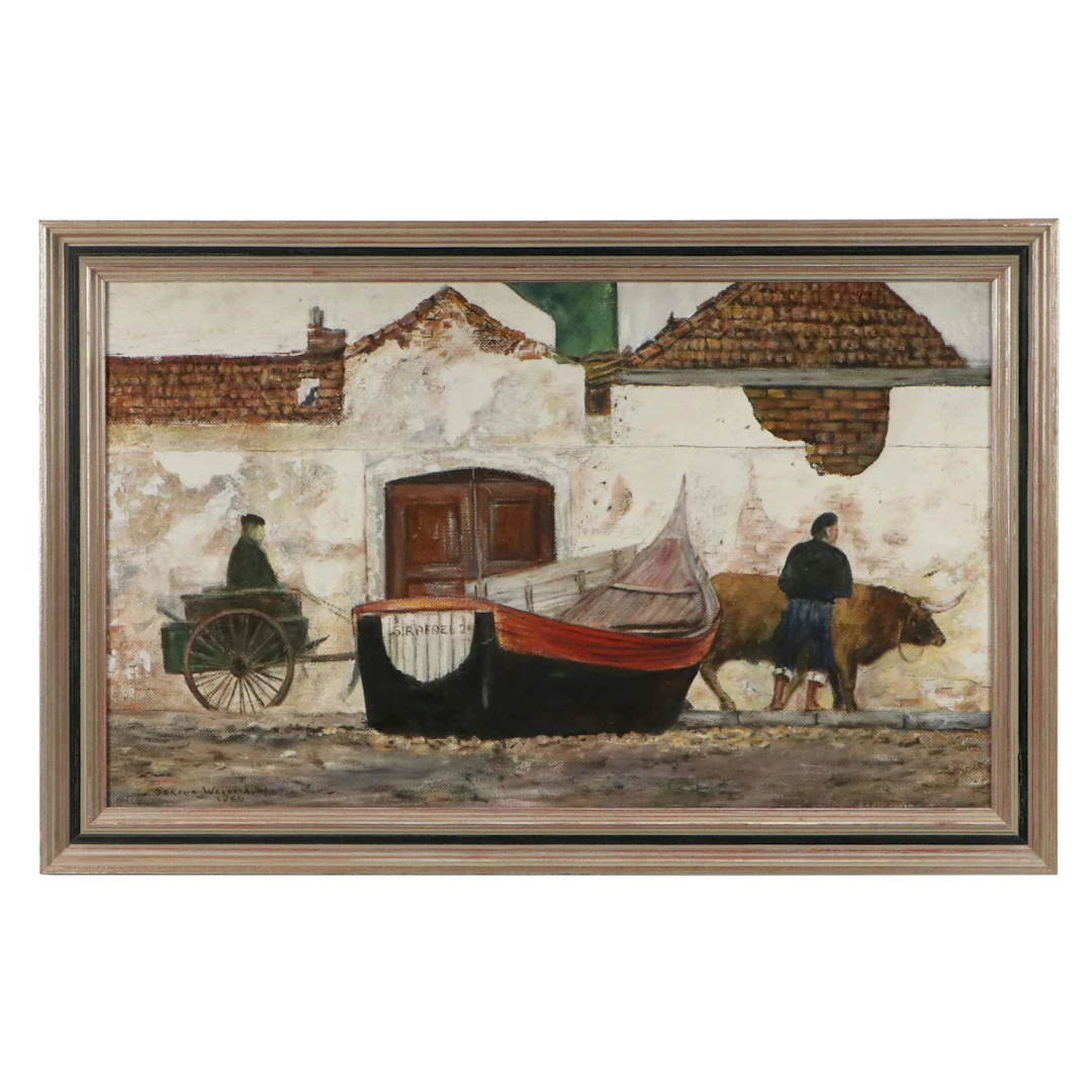 Street Scene Oil Painting of Ox-Drawn Cart, 1966