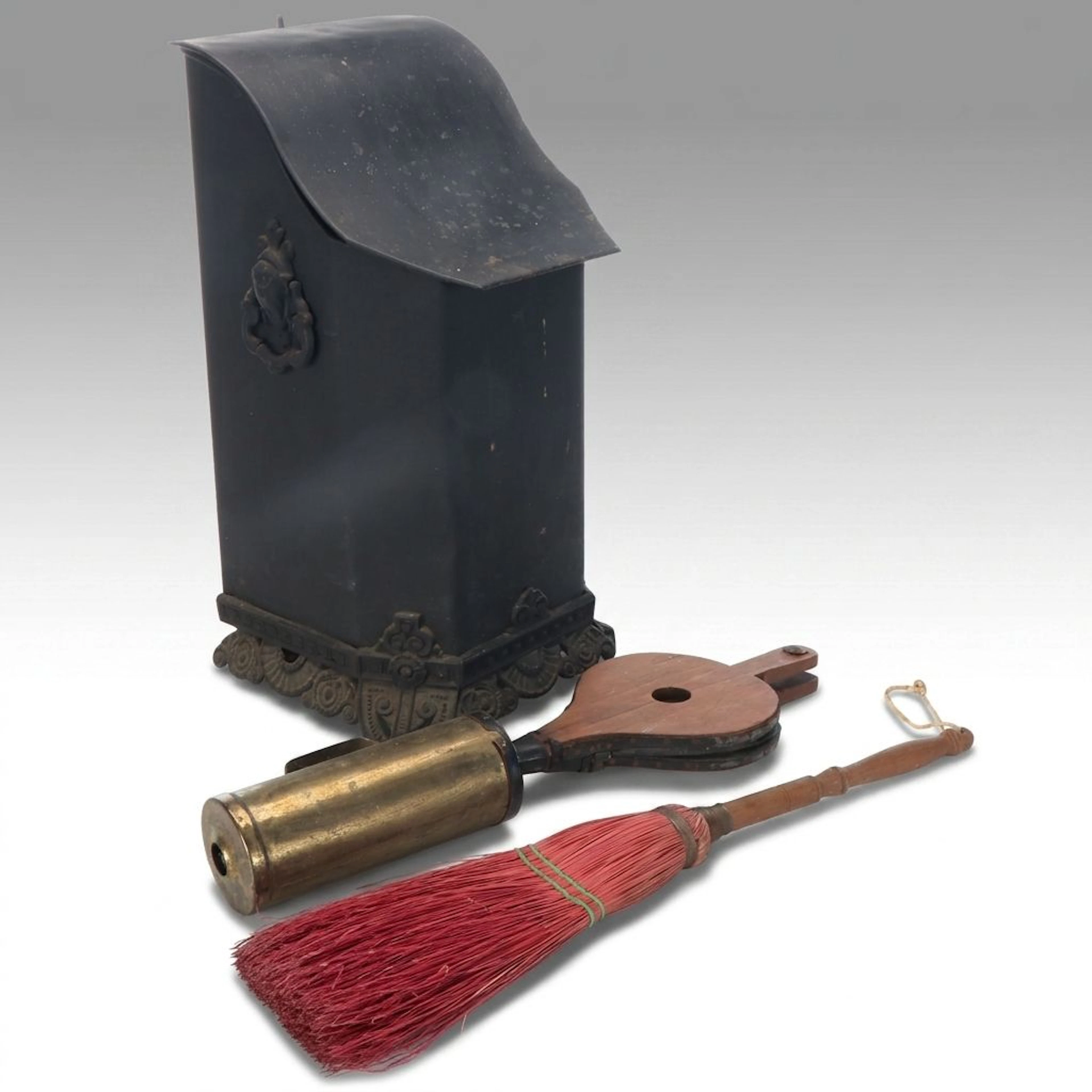 Victorian Style Metal Coal Bin with Bellows and Broom