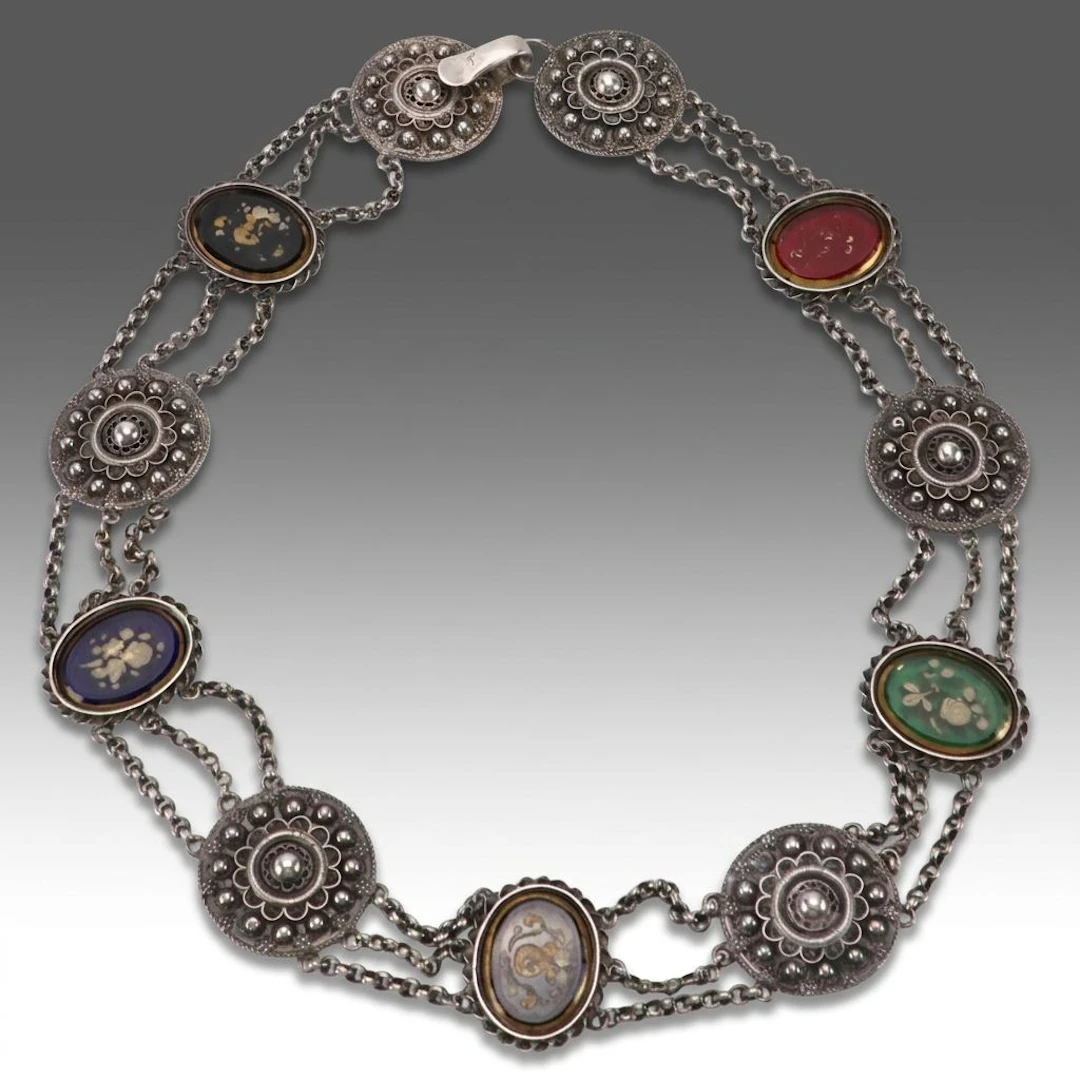 Dutch Export 835 Silver Filigree and Enameled Glass Multistrand Medallion Belt