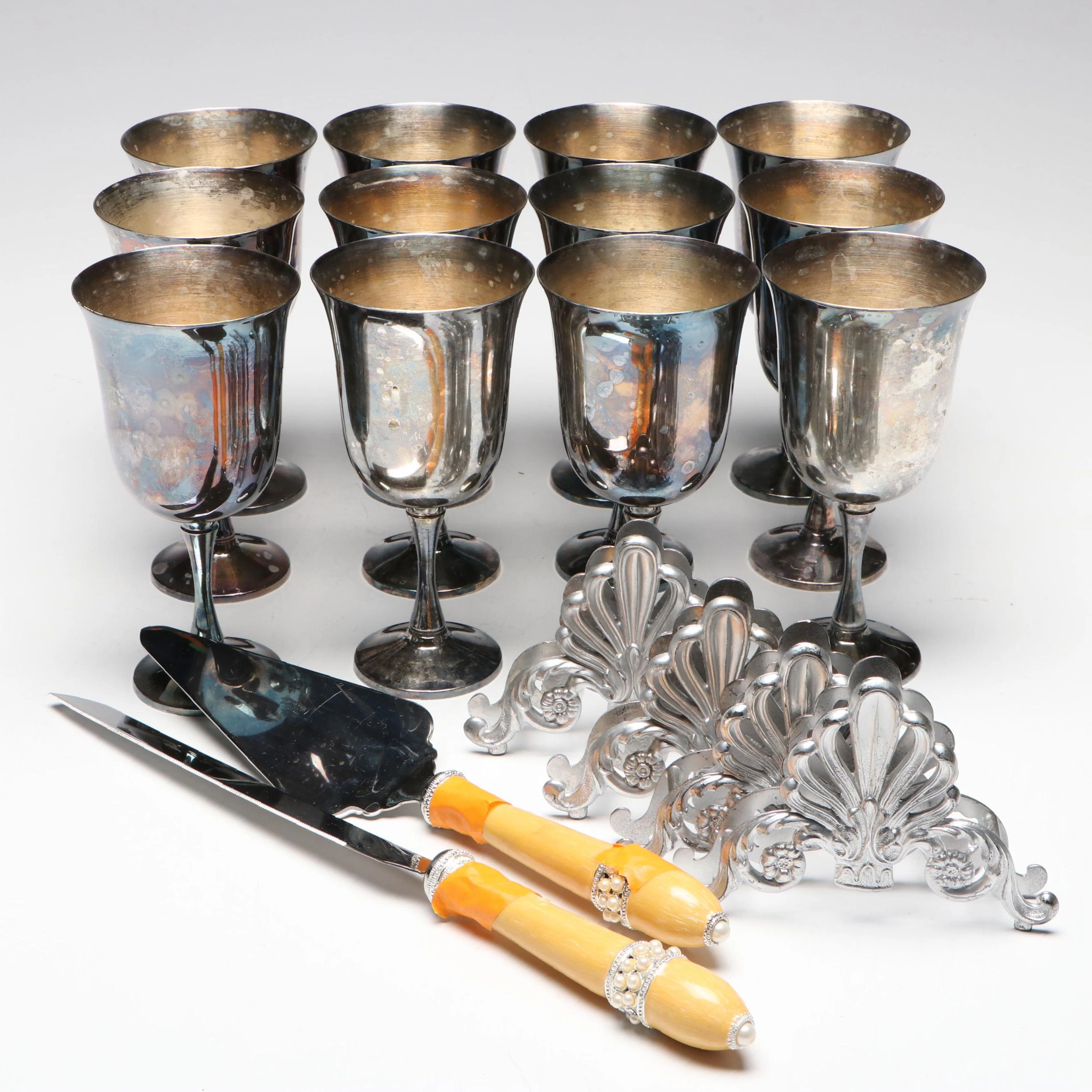 Salem Silver Plate Goblets with Other Knife Rests and Jeweled Cake Utensils