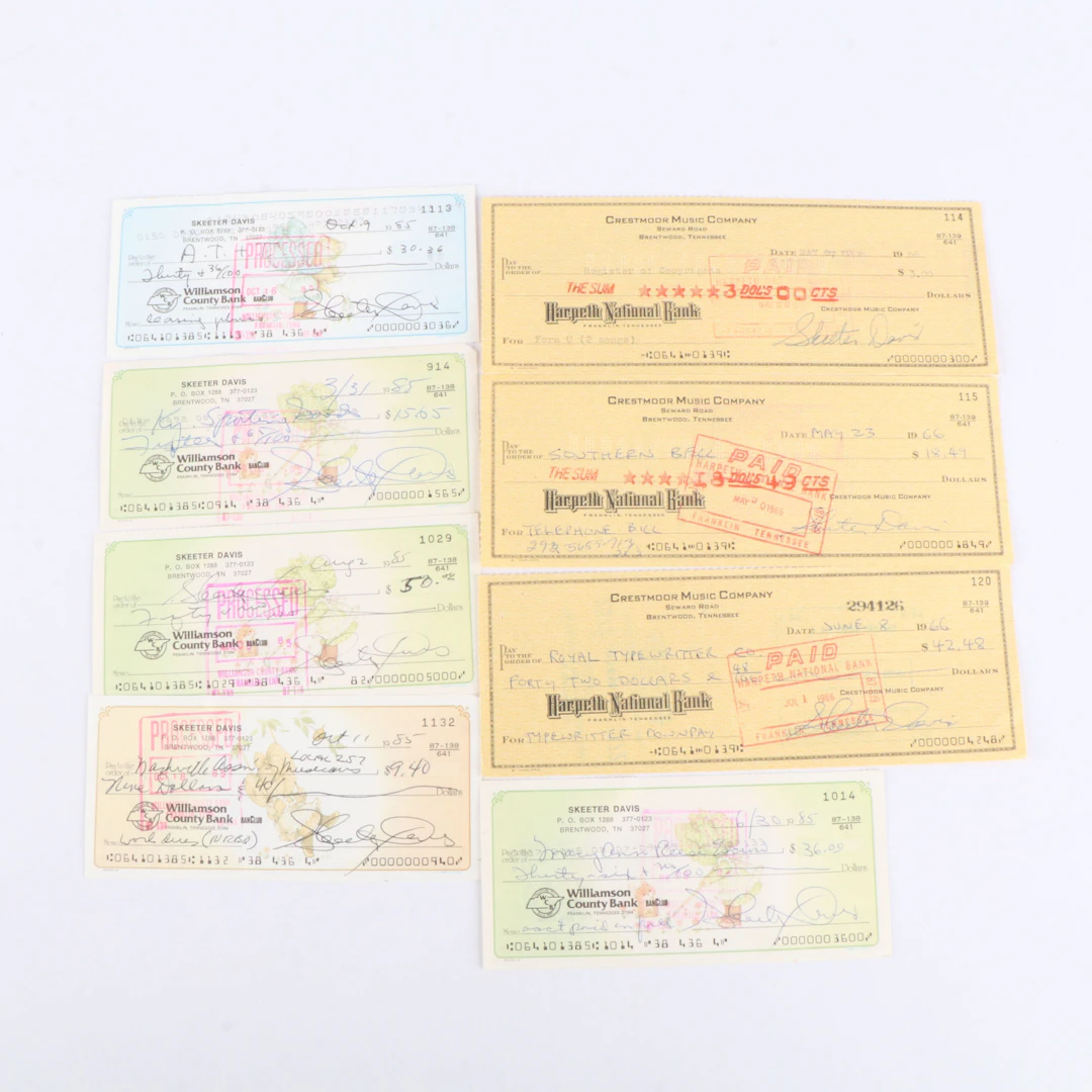 Eight Bank Checks Signed by Skeeter Davis, 1960s and 1980s