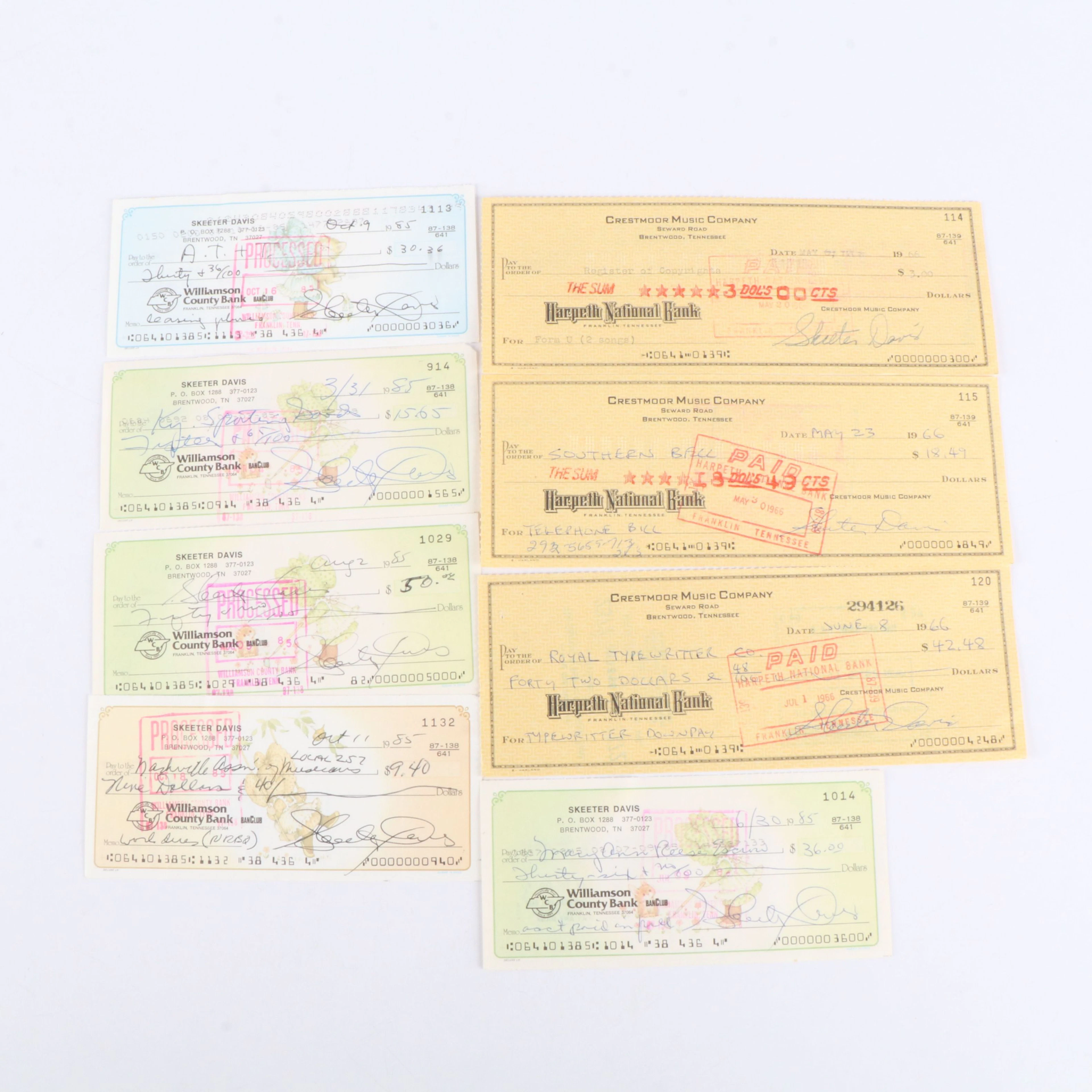 Eight Bank Checks Signed by Skeeter Davis, 1960s and 1980s