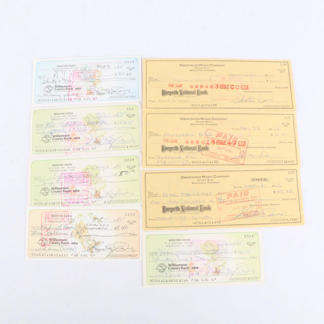 Eight Bank Checks Signed by Skeeter Davis, 1960s and 1980s