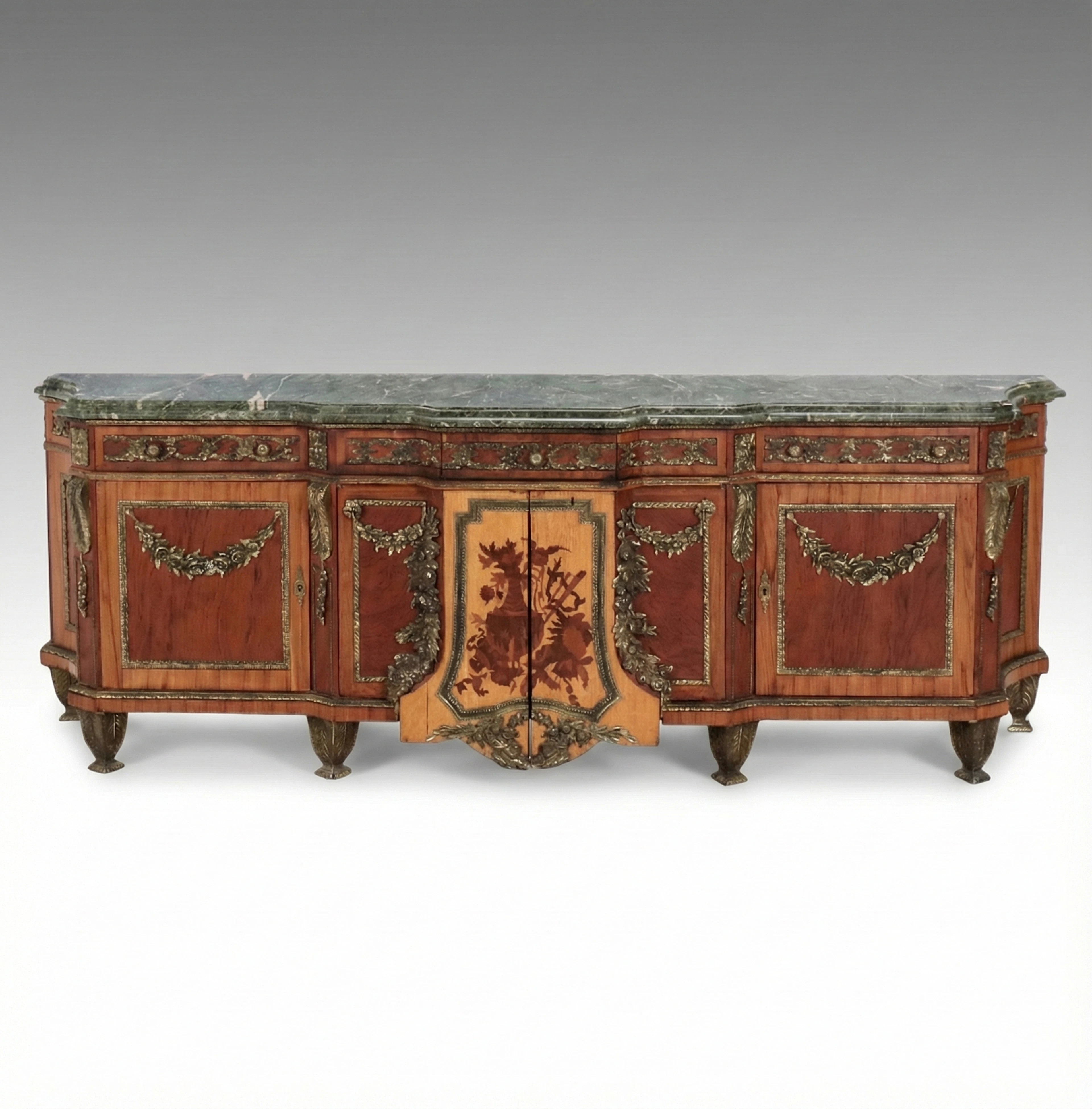 Louis XVI Style Bronze Mounted Marquetry Marble Top Buffet After Riesener
