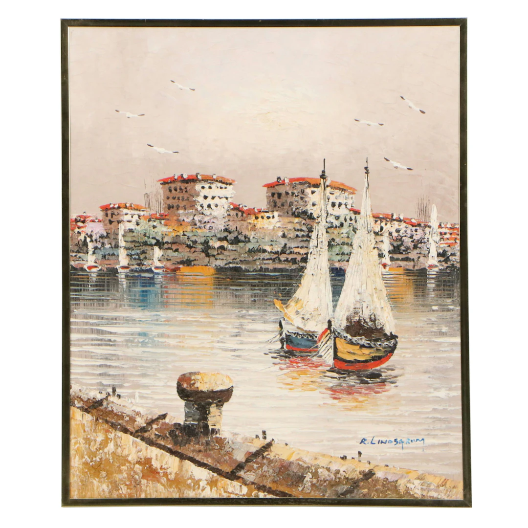 Rikard Lindstrom Acrylic Painting of Two Sailboats in Harbor, Early