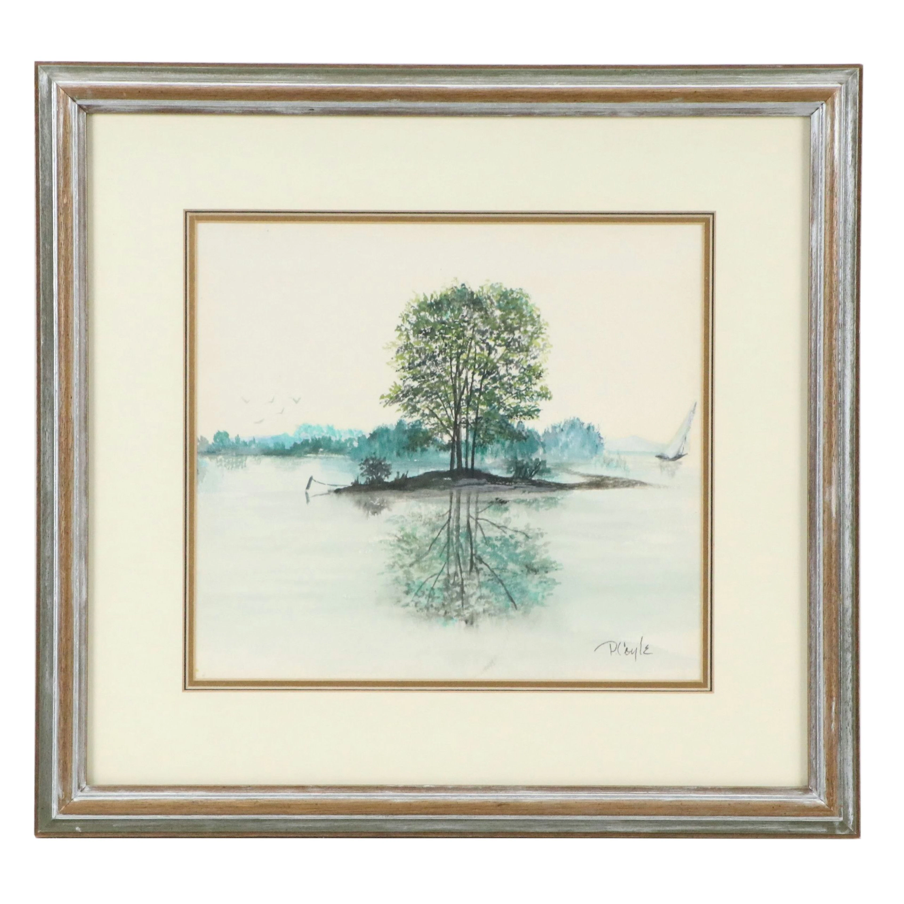 Diane Coyle Watercolor Painting of Lake Islet, Circa Late 20th Century