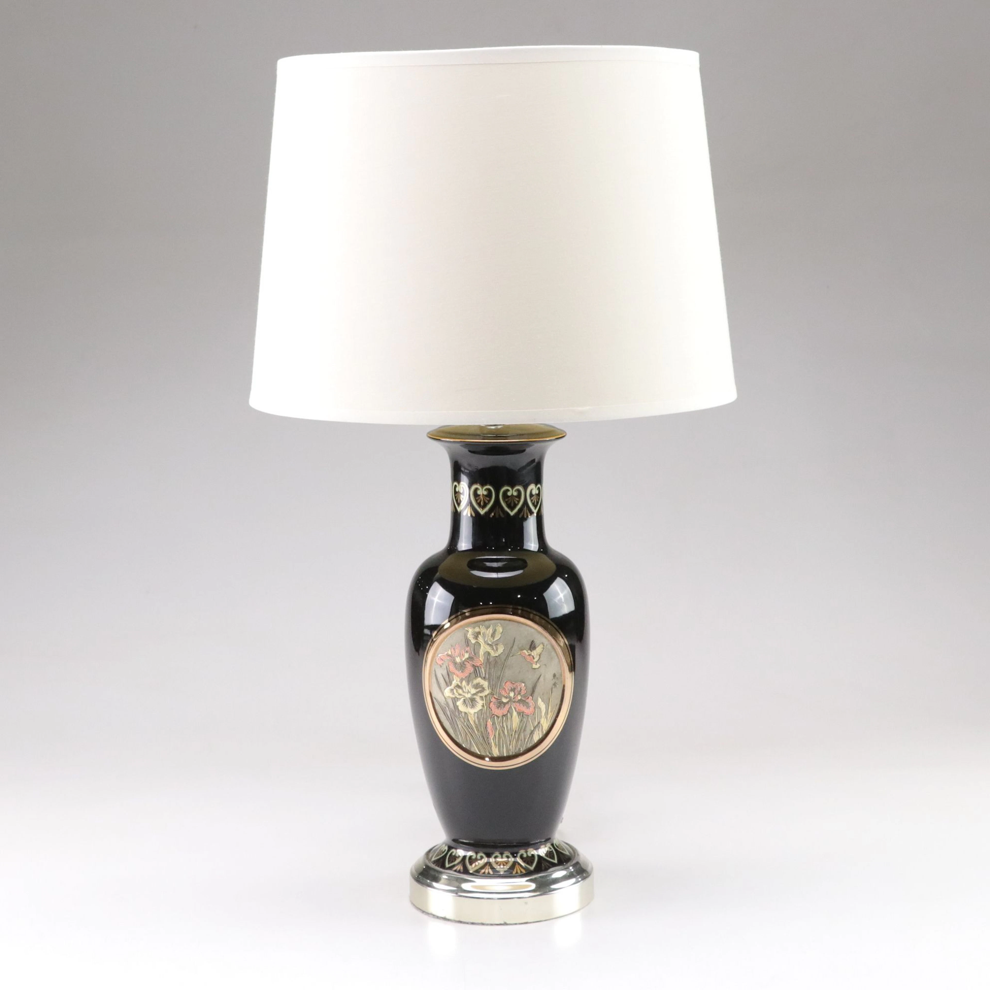 Japanese Chokin Art Cobalt Vase Table Lamp with Drum Shade