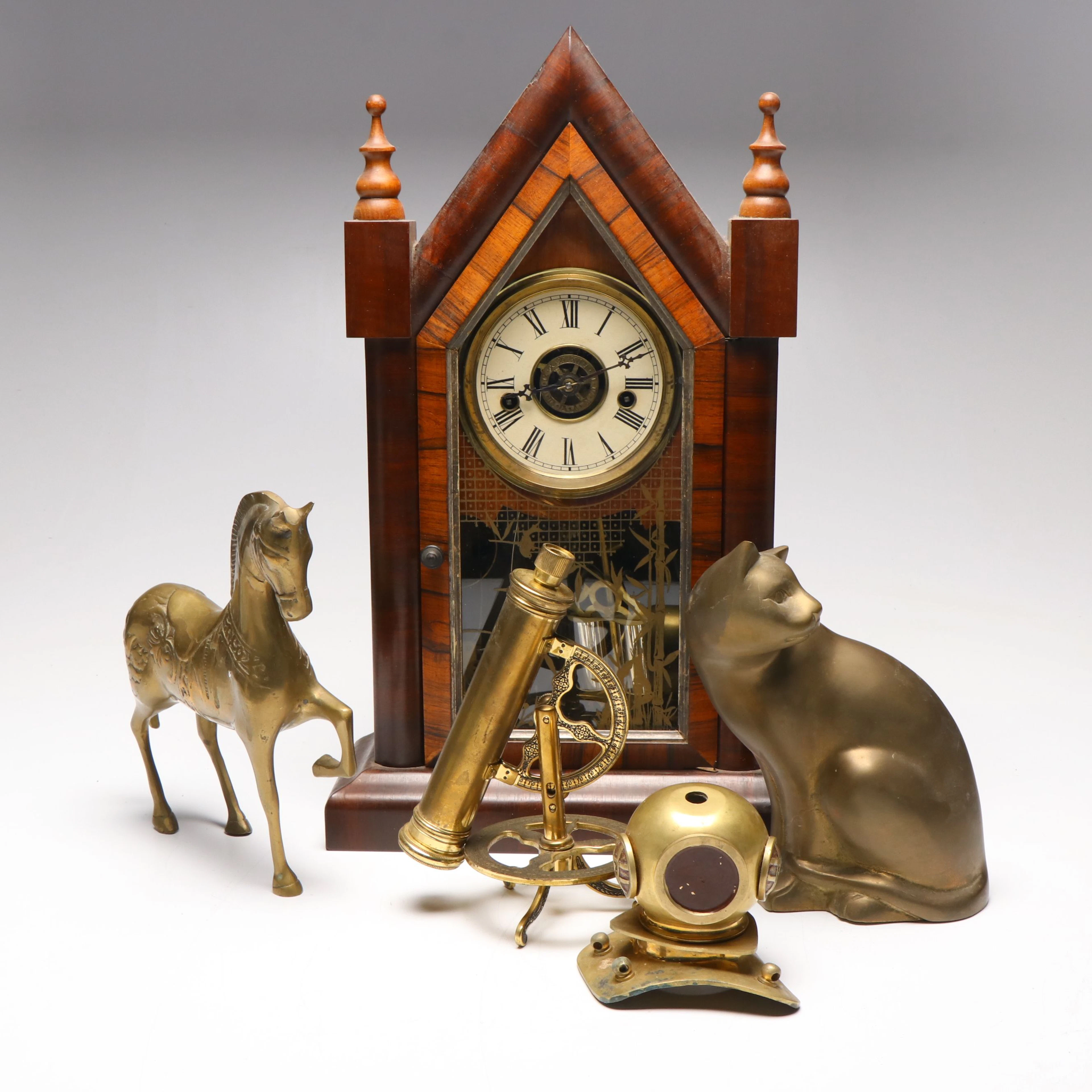 Waterbury Clock Co. Wooden Wall Clock with Brass Finish Figurines