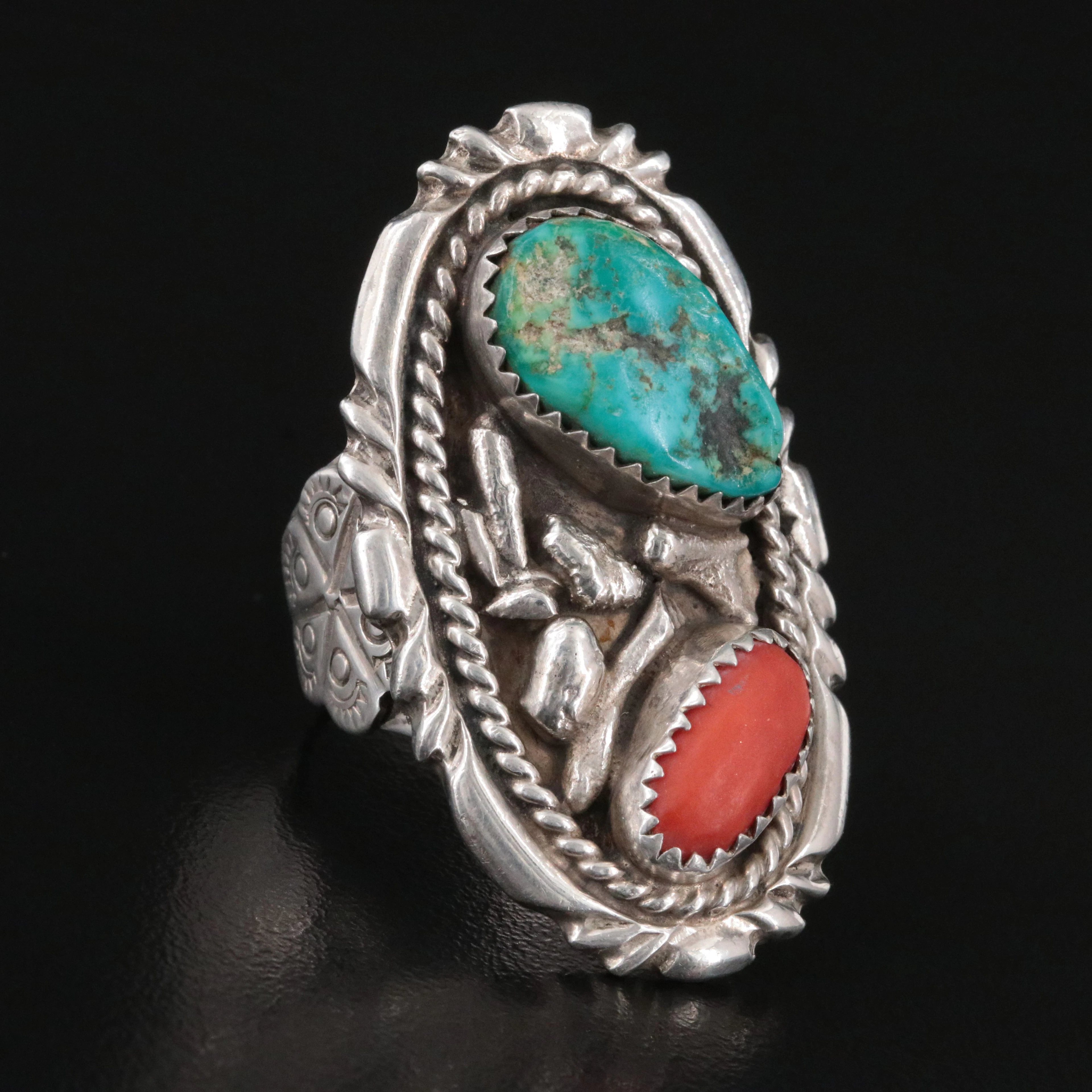 Sterling Turquoise and Coral Ring