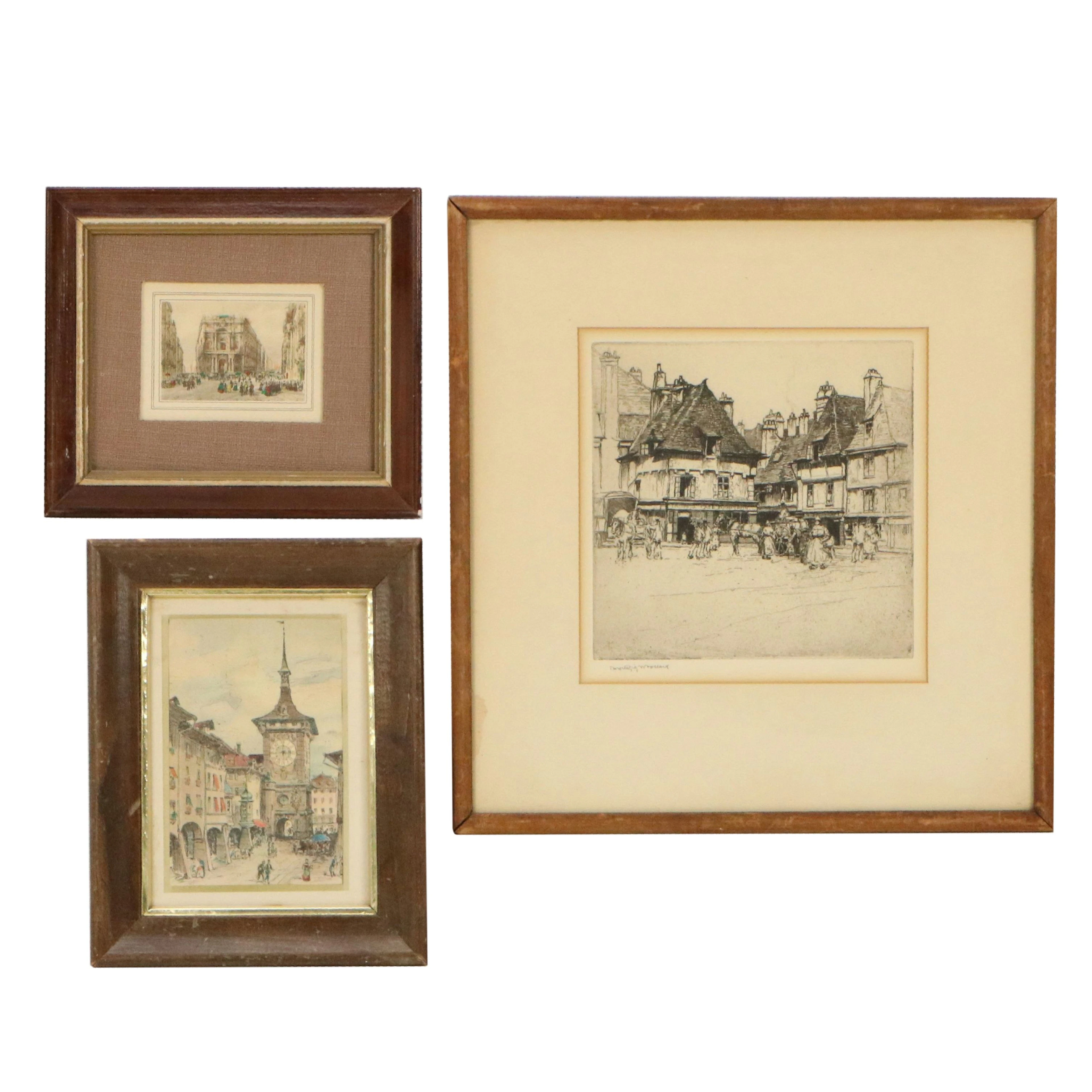 Dorothy Woollard Etching "Quimper" and Other Cityscape Prints