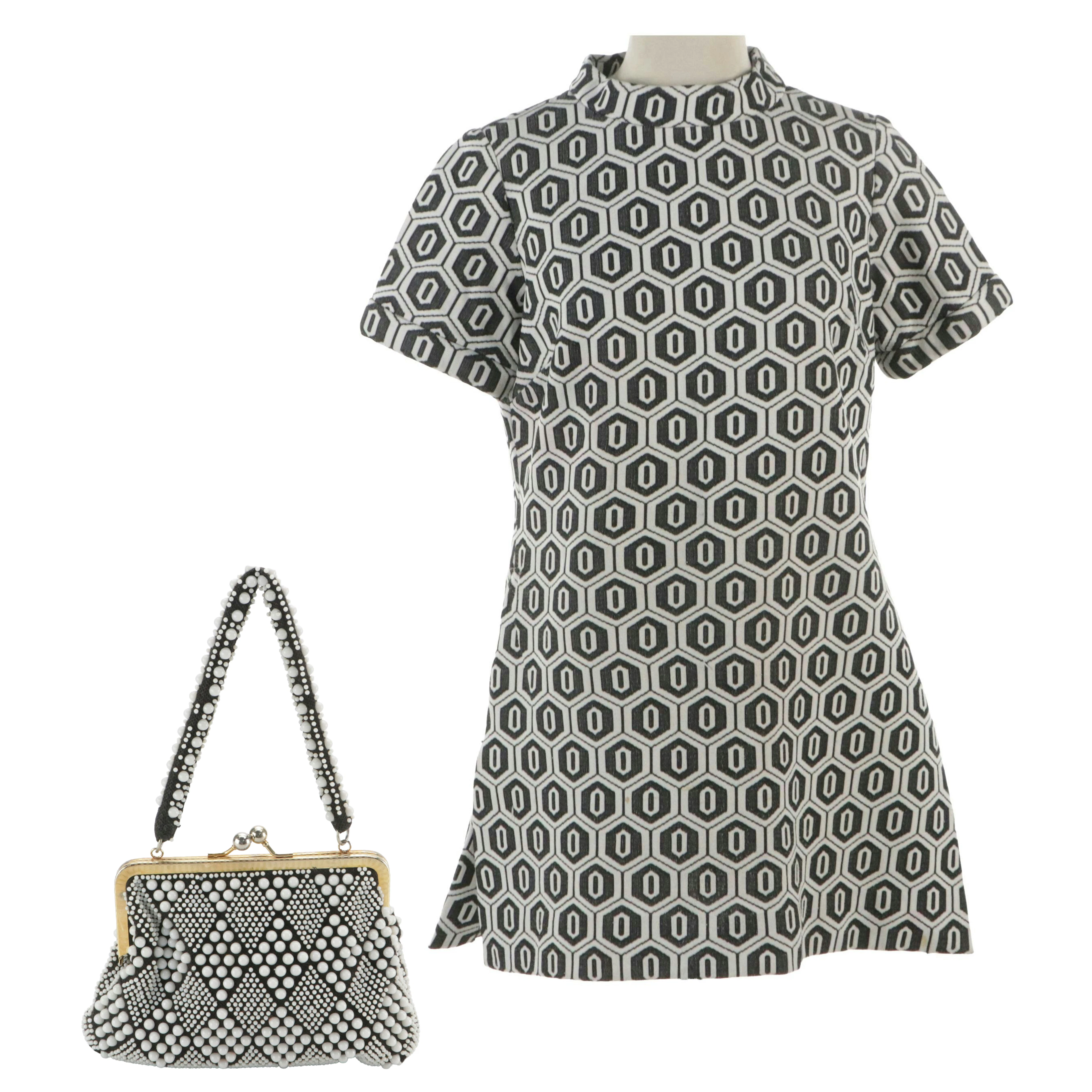 Miss Magnin Vintage B&W Geometric Mock Neck Micro Mini Dress, Beaded Bag