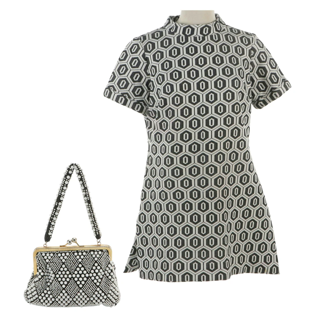 Miss Magnin Vintage B&W Geometric Mock Neck Micro Mini Dress, Beaded Bag