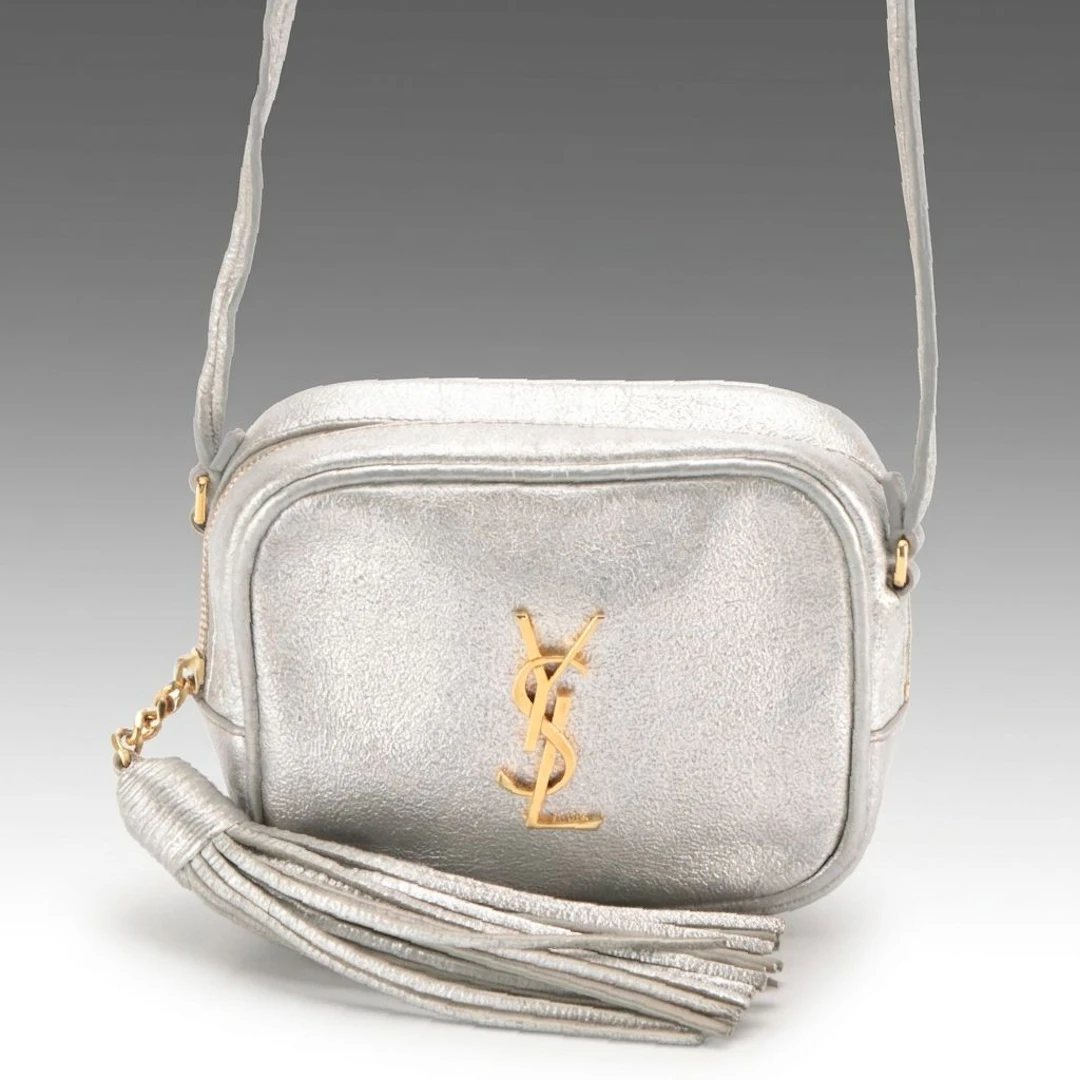 Saint Laurent Mini Camera Crossbody Bag in Silver Metallic Calfskin Leather