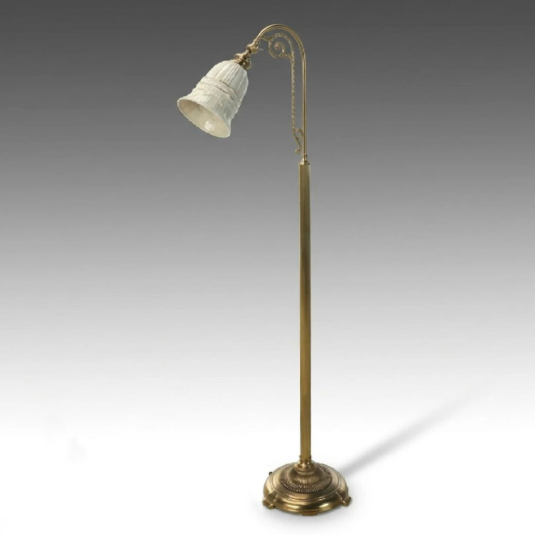 Brass Curved Goose Neck Floor Lamp with Cream Ceramic Shade, 2000