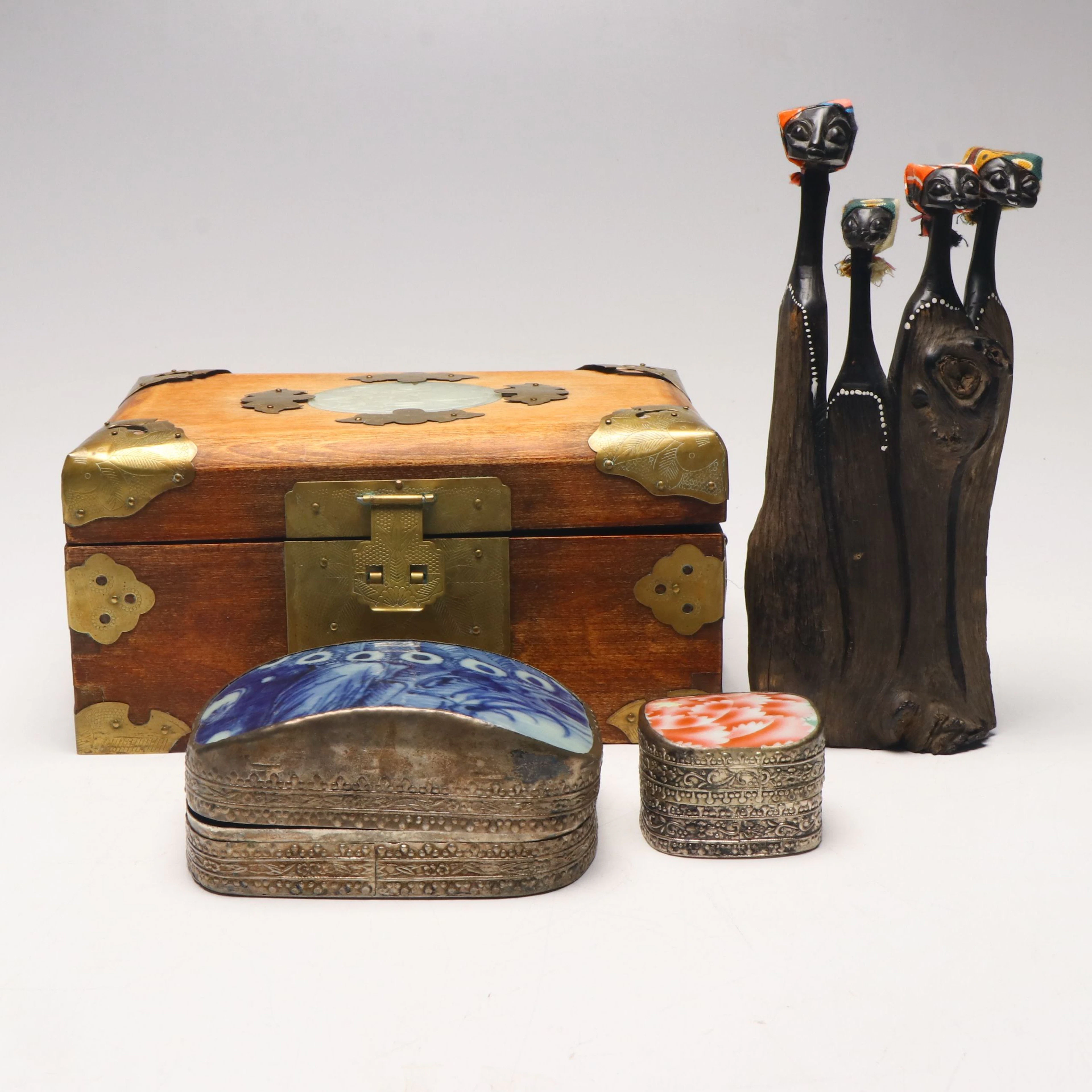 Chinese Brass-Mounted Stone Inlay Wood Jewelry Box with Other Boxes