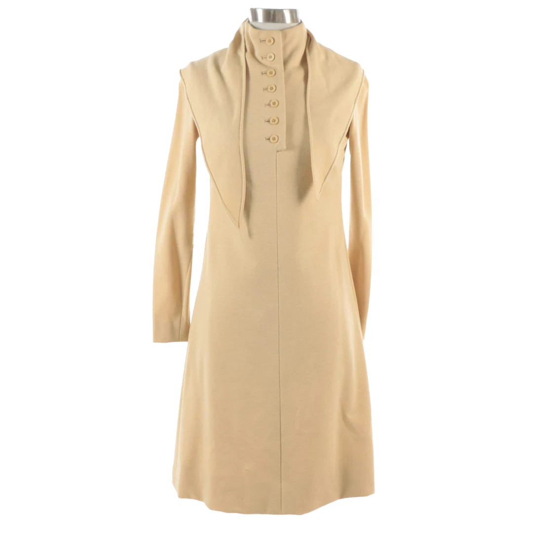 Bill Blass Long Sleeve Midi Dress with Scarf Collar in Beige Wool, Vintage