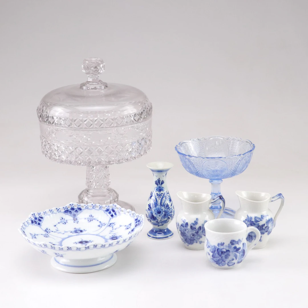 EAPG "Mascotte" Compote, Royal Copenhagen Footed Bowl, Delft Bud Vase, & More