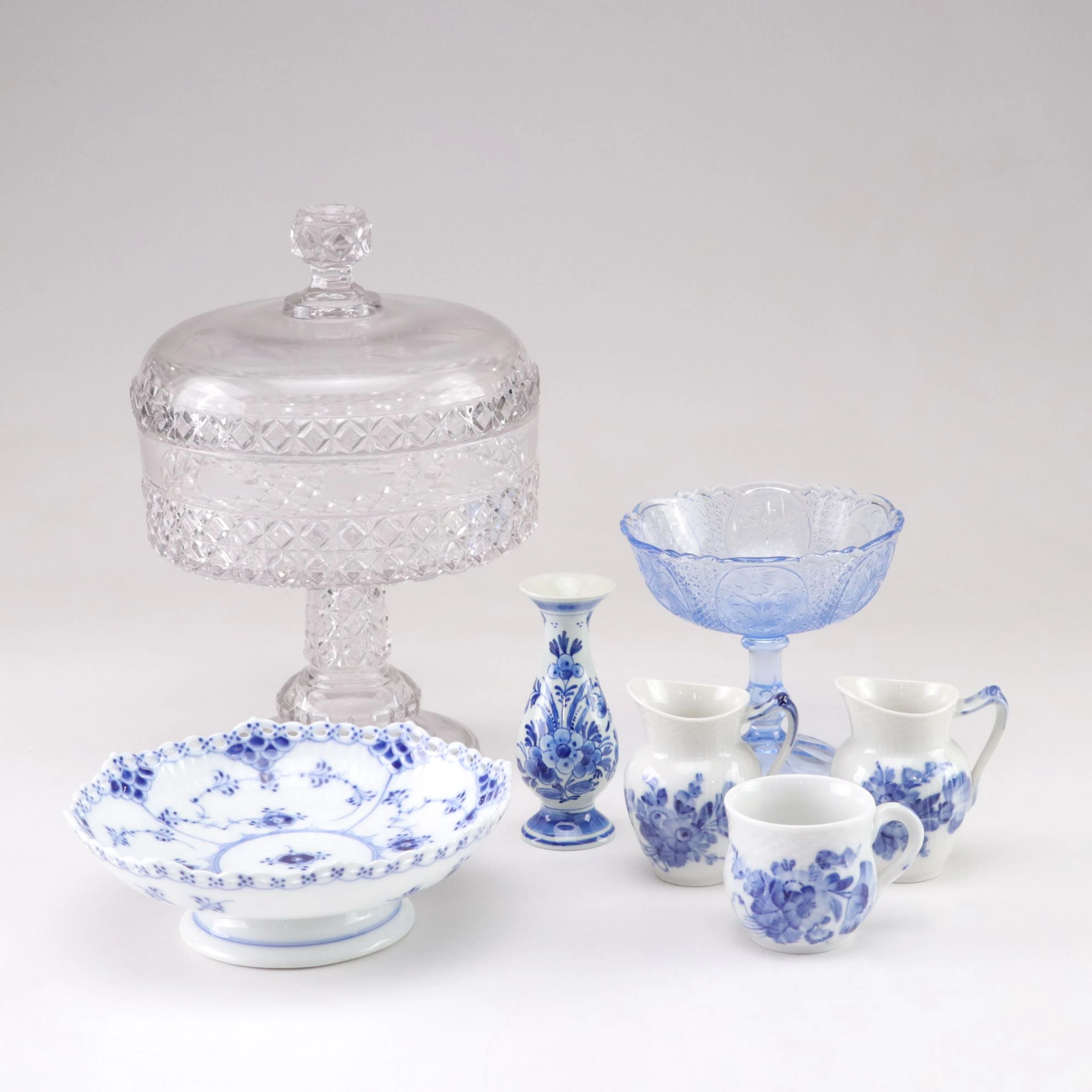 EAPG "Mascotte" Compote, Royal Copenhagen Footed Bowl, Delft Bud Vase, & More