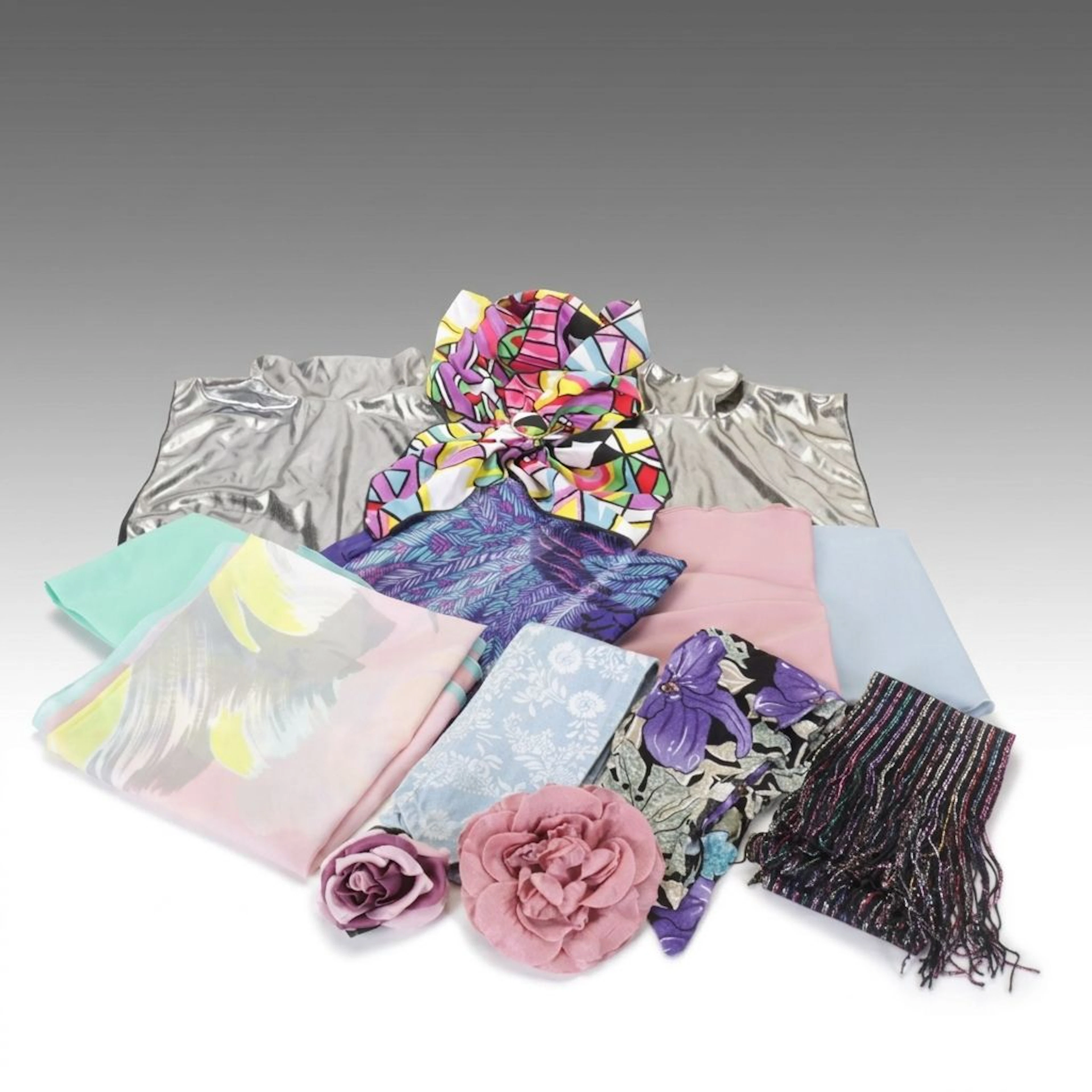 Baar & Beards Metallic Dickies with Multicolor Scarves, Floral Brooches & More