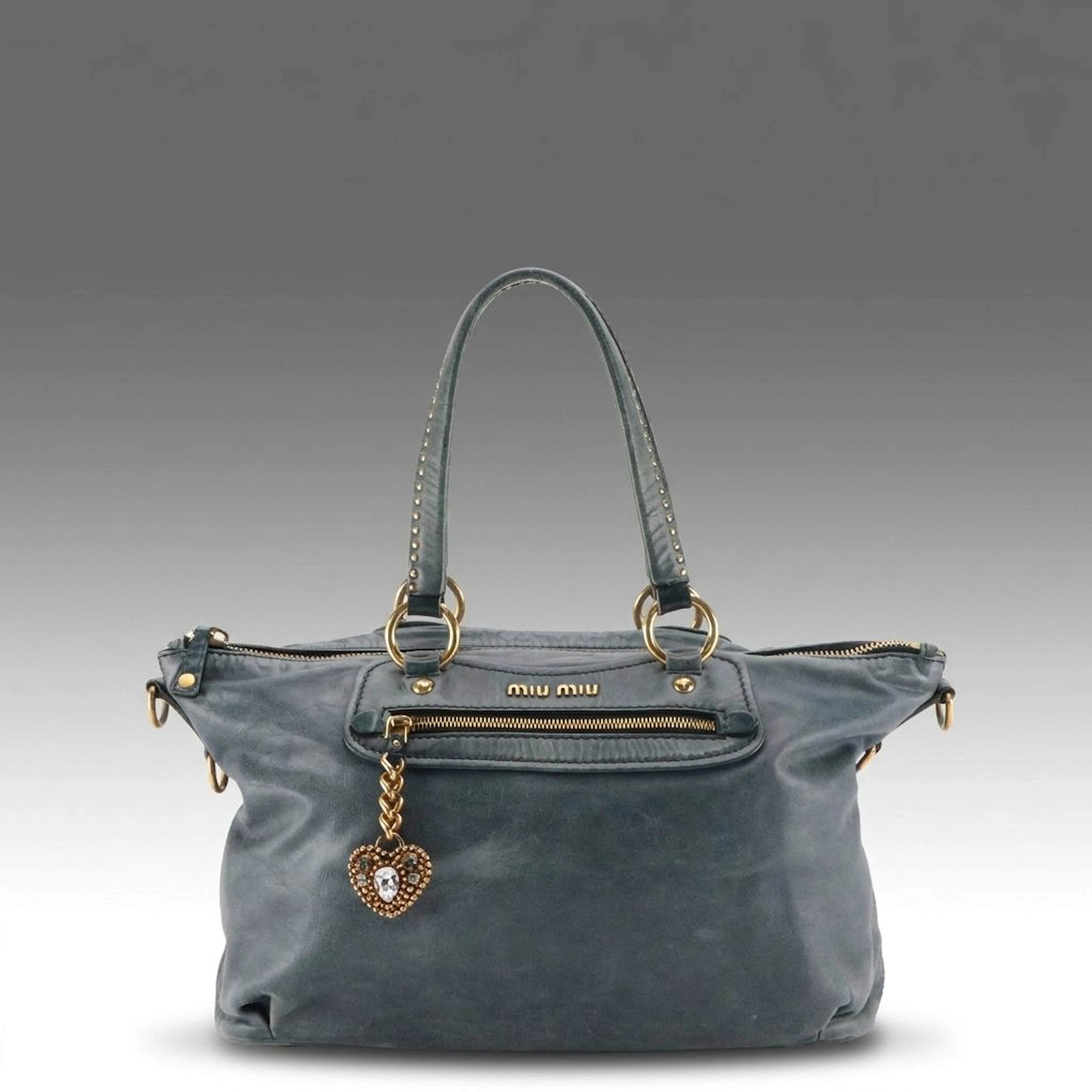 Miu Miu Leather Tote Bag with Crystal Embellished Heart Charm & Studded Straps
