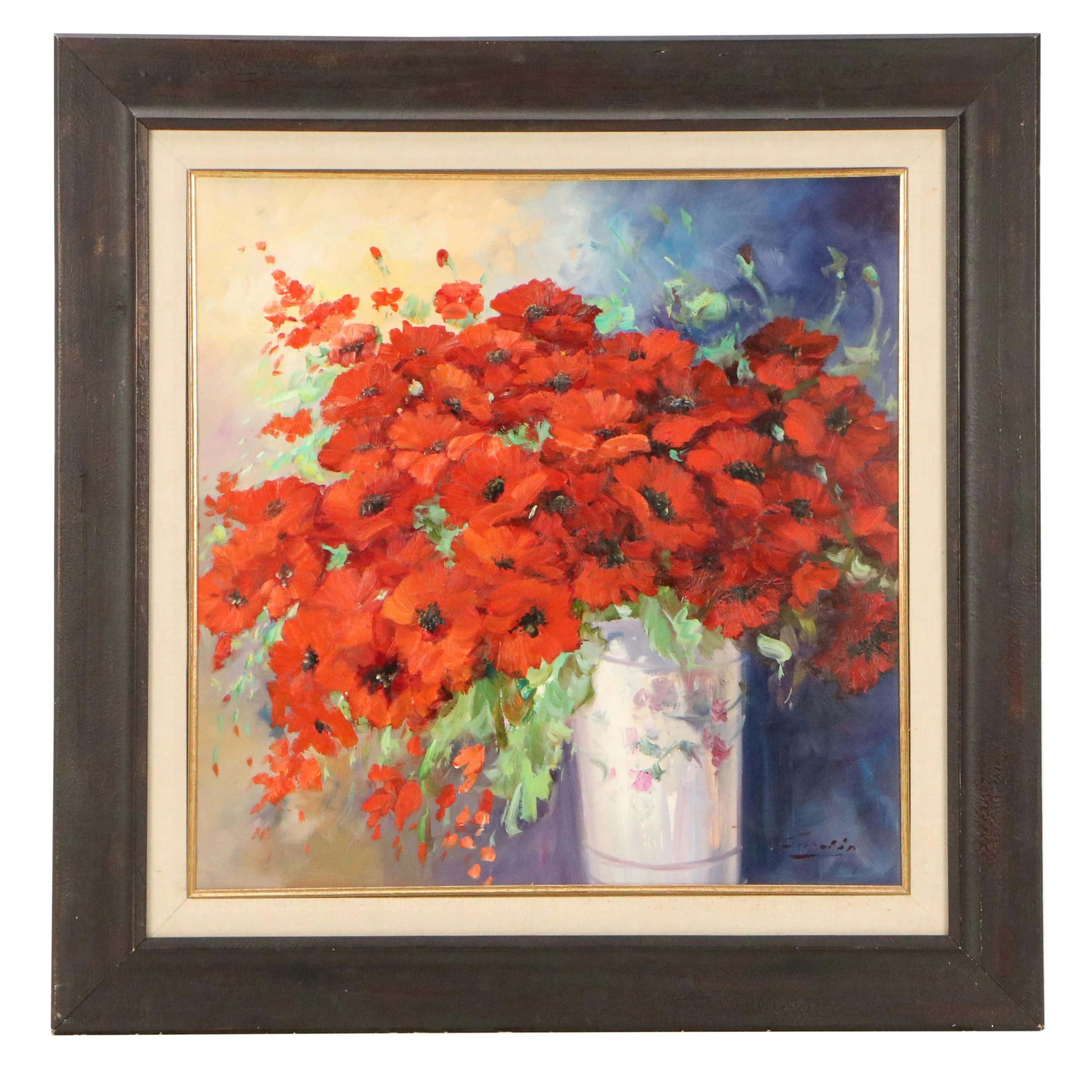 Floral Still Life Oil Painting of Poppies, Mid- to Late 20th Century